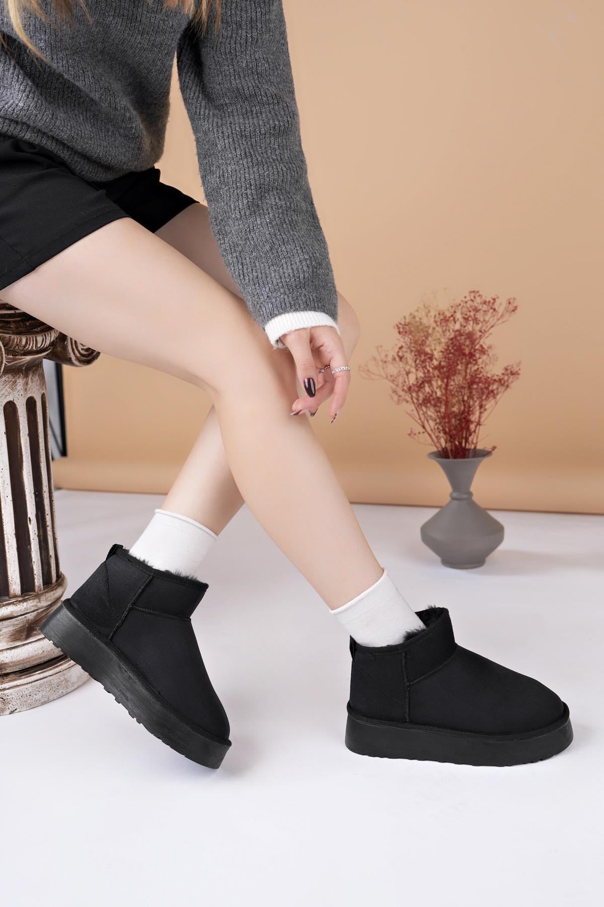 Nesil Shoes Ypr 8391 Siyah Süet İçi Kürklü Su İtici Kadın Bot