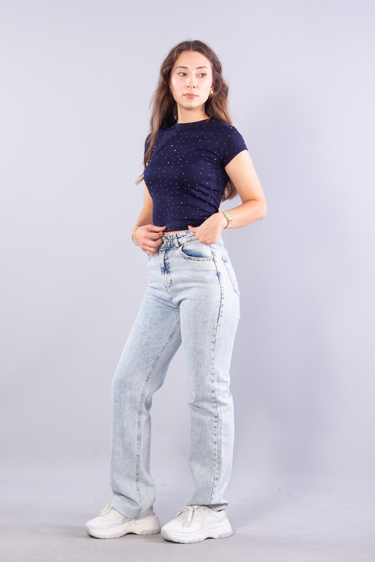 Bluzmckanzie11445 Taşlı Kısa O Yaka Bluzkadınerkek