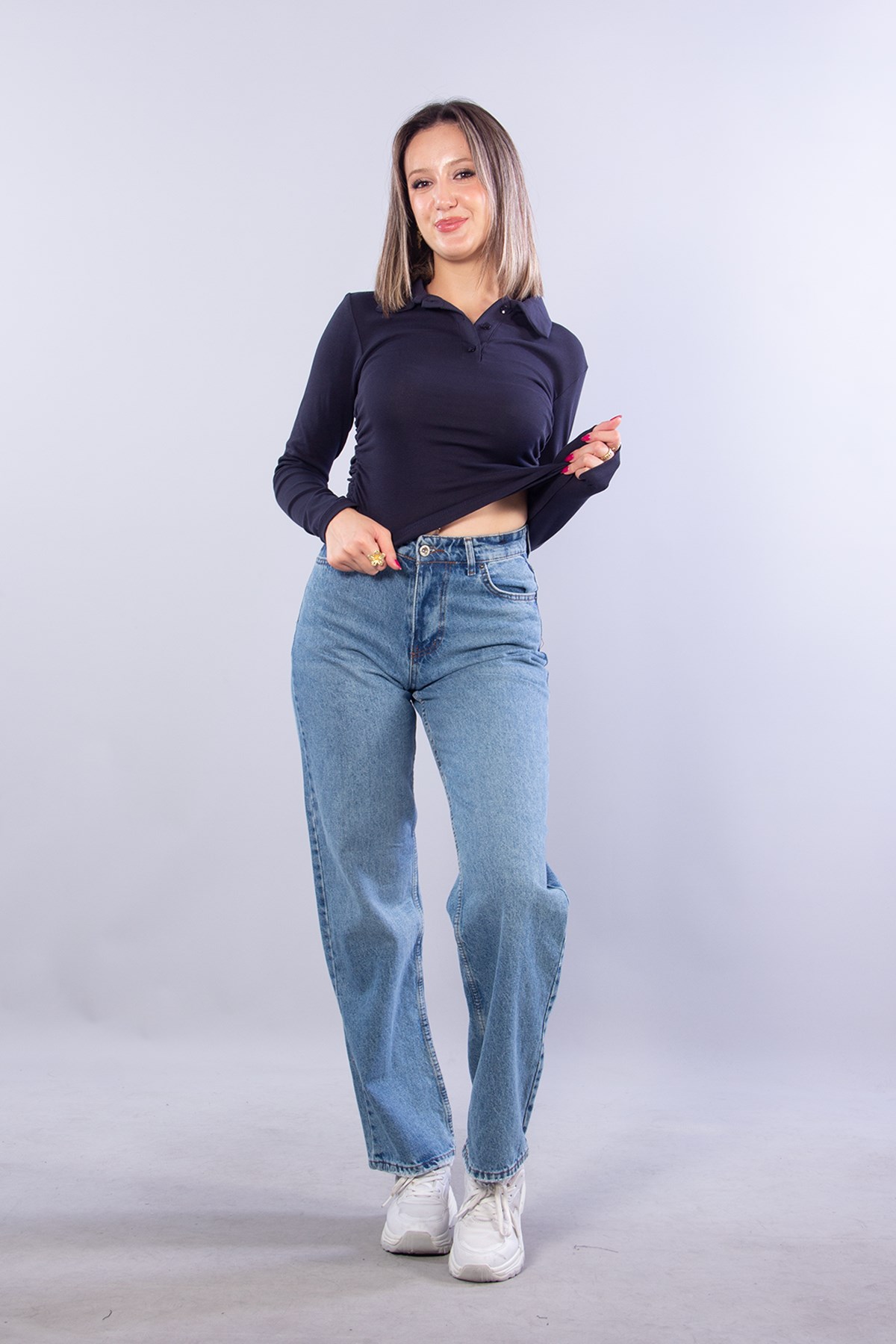 Bluzmckanzie12476 Yanları Büzgülü Düğmeli Yakalı Bluzkadınerkek