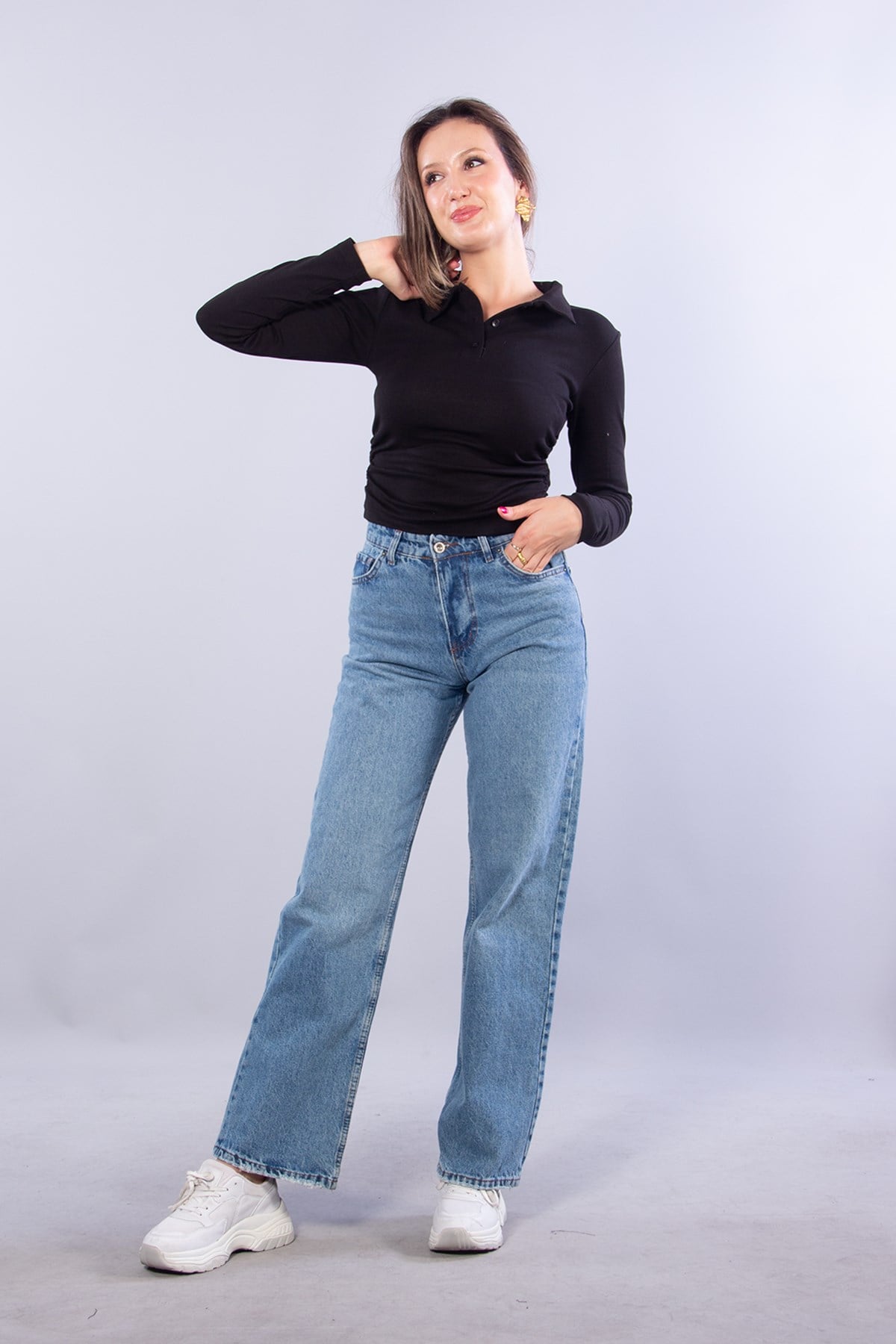 Bluzmckanzie12476 Yanları Büzgülü Düğmeli Yakalı Bluzkadınerkek
