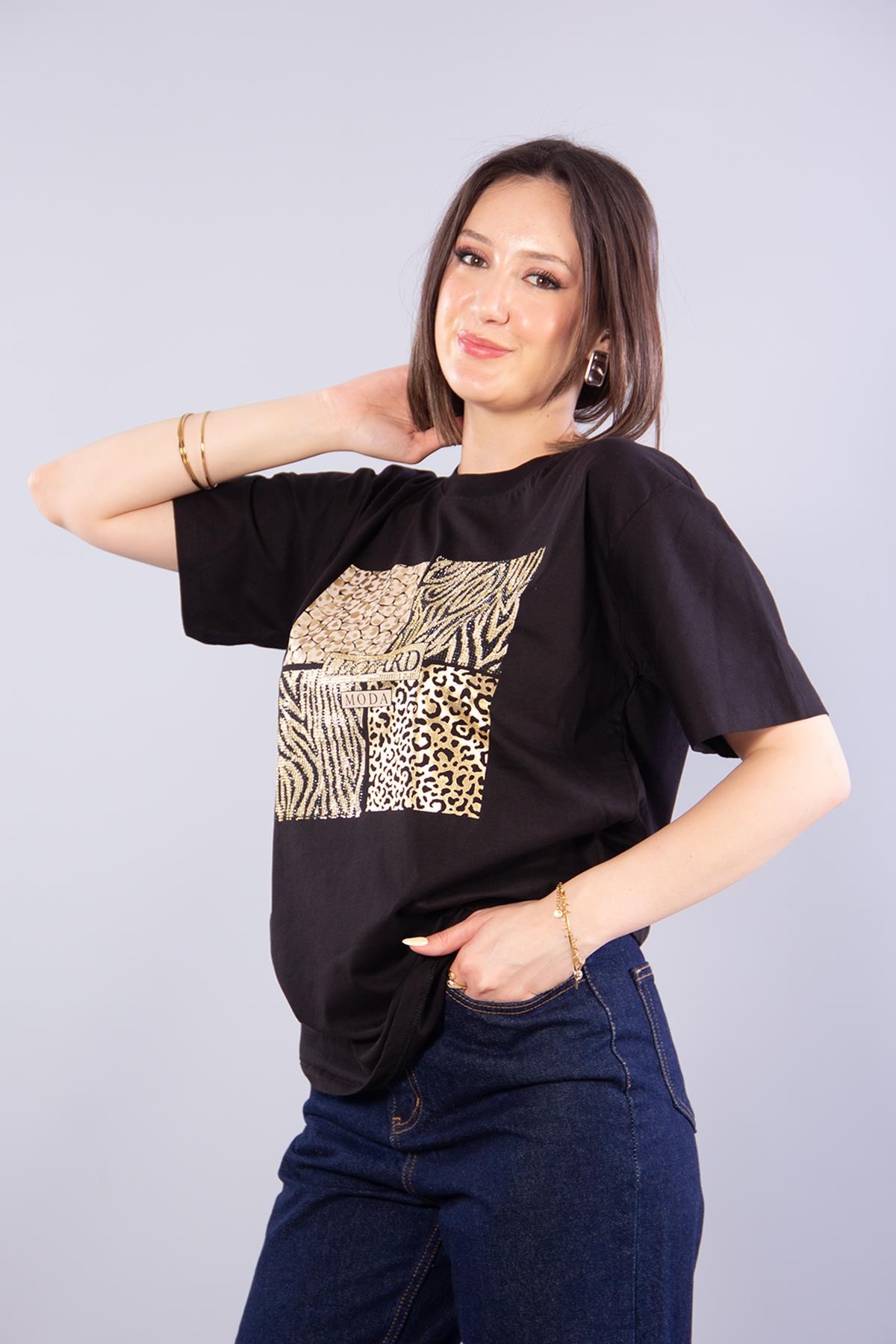T-shirtmckanzie2002 Leopar Desenli Taşlı Leopard O Yaka T-shirtkadınerkek