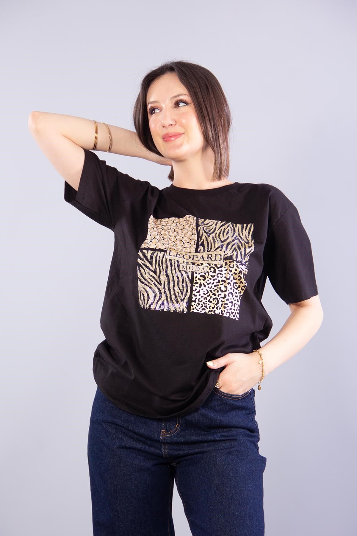 T-shirtmckanzie2002 Leopar Desenli Taşlı Leopard O Yaka T-shirtkadınerkek