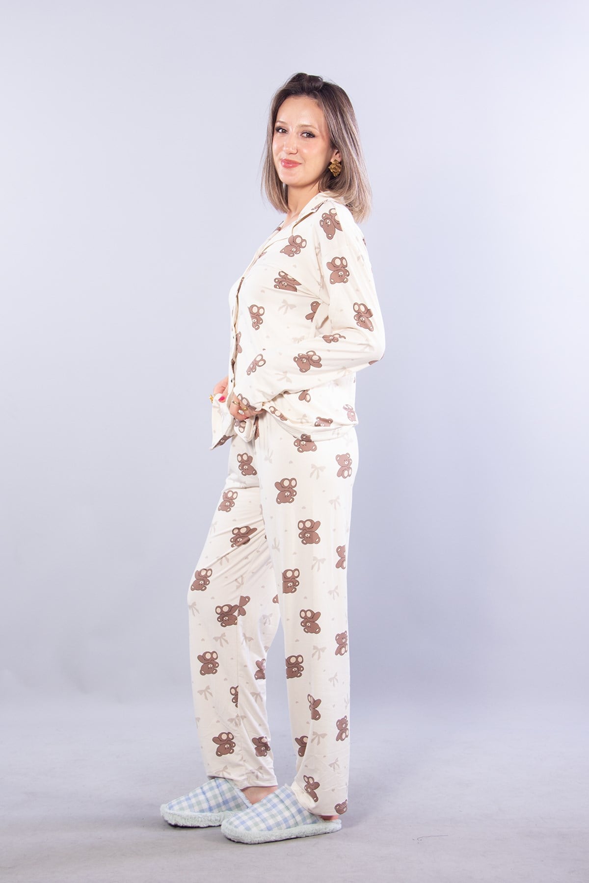 Pijama Takımımckanzie27019 Milan Soft Gömlek Yaka Ayıcık Desen Pijama Takımıkadınerkek