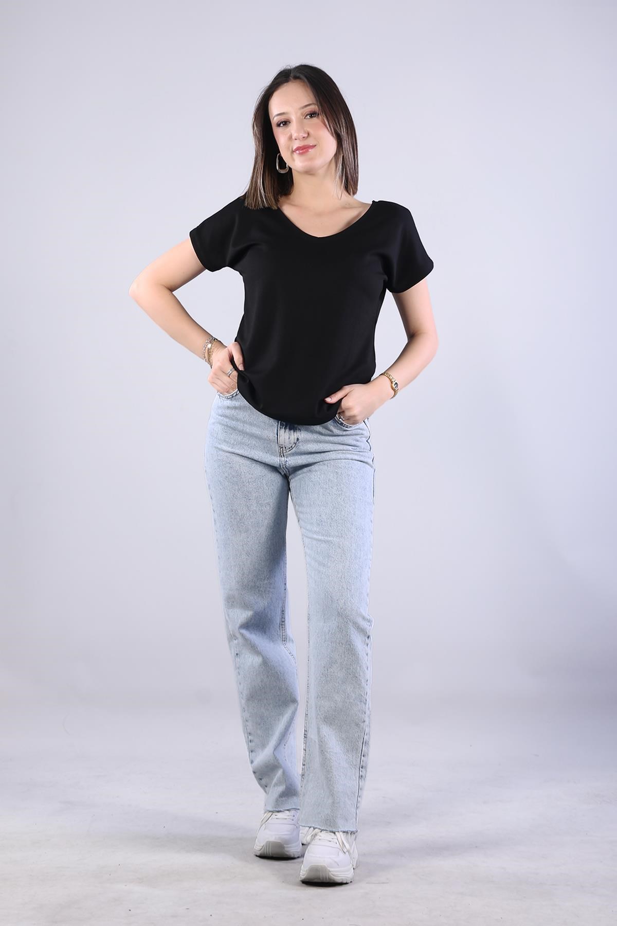 T-shirtmckanzie2962-1 Modal Kumaş Arkası Önü Derin V Yaka T-shirtkadınerkek