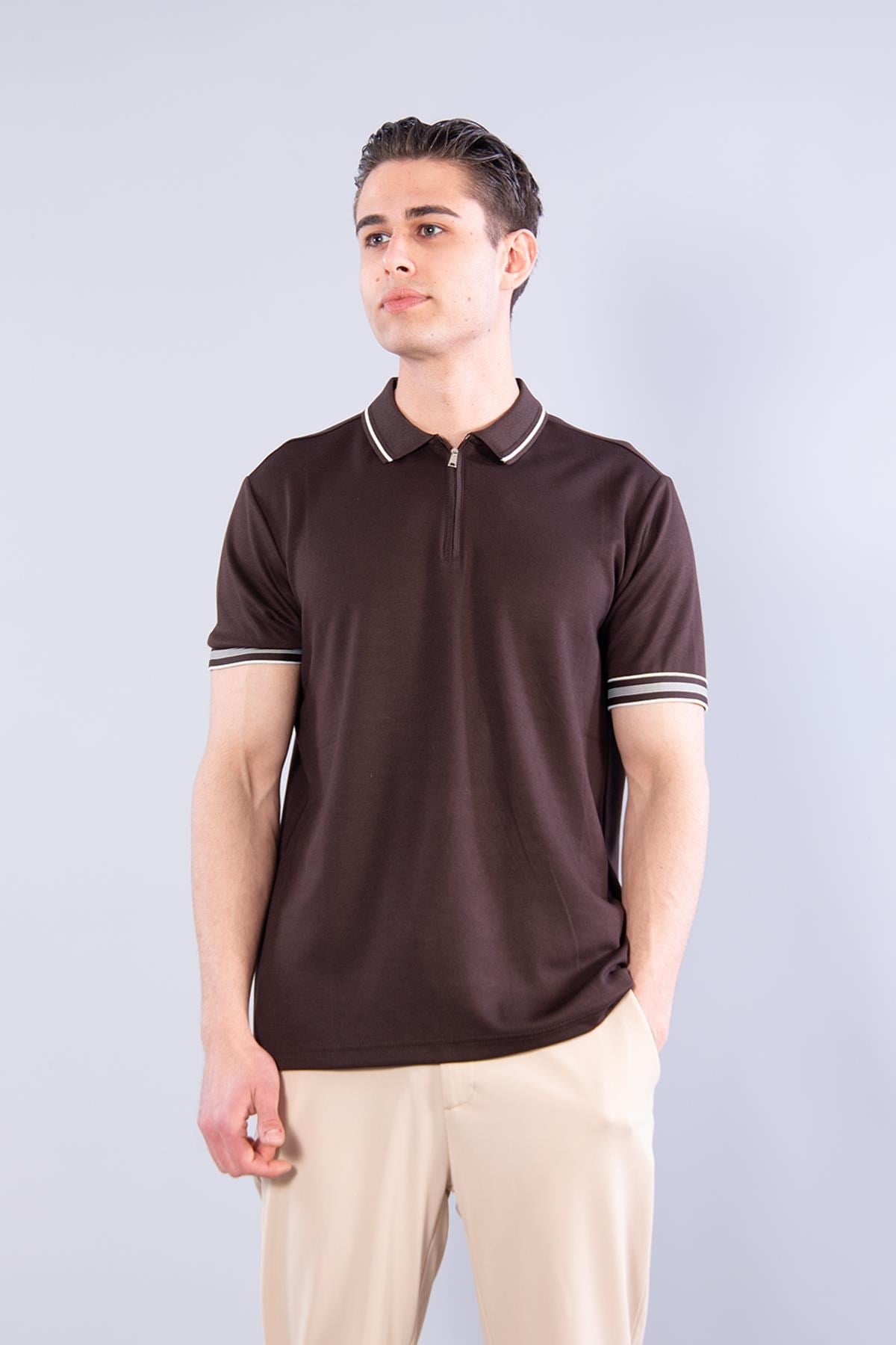 T-shirtmckanzie4665 Modal Yakası Fermuarlı Yaka Ve Kol Ucu Çizgilikadınerkek