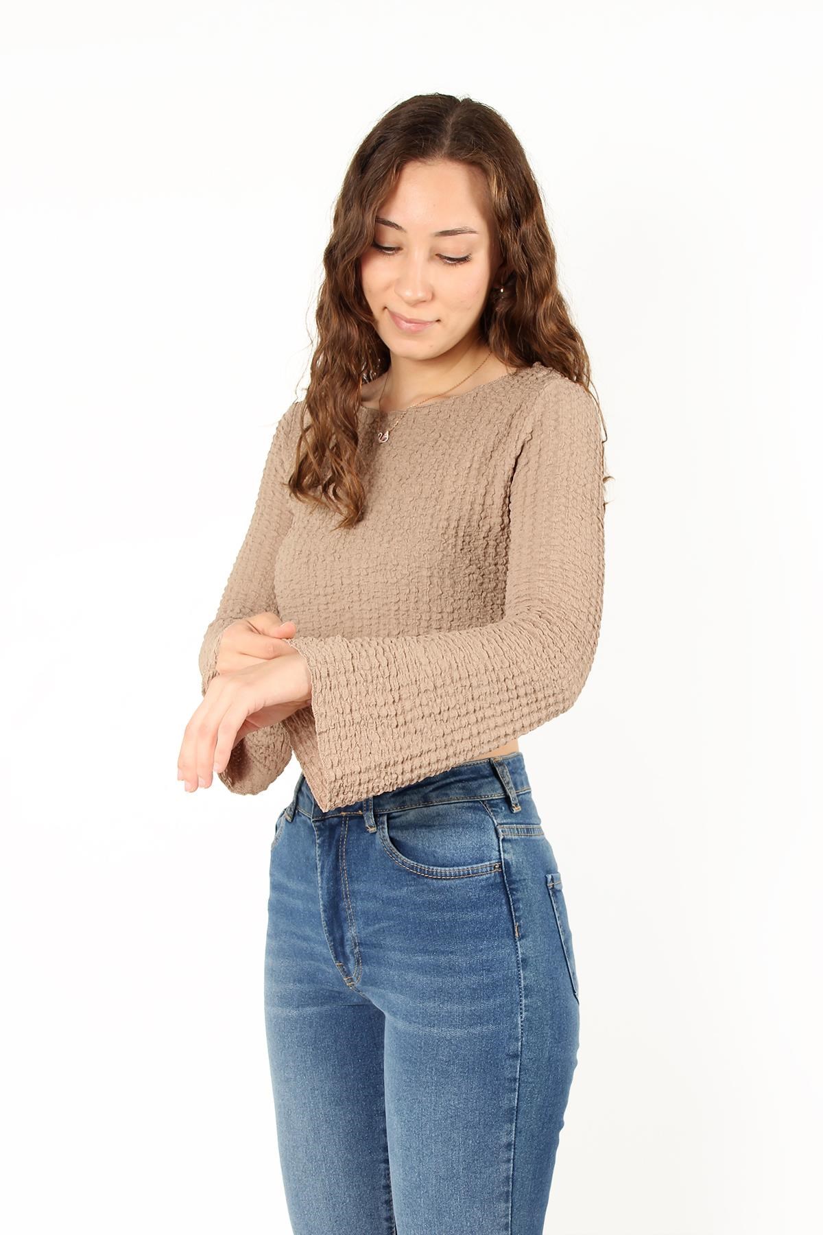Bluzmckanzie6552 (N-2034) İspanyol Kol Bubble Raşel Crop Bluzkadınerkek