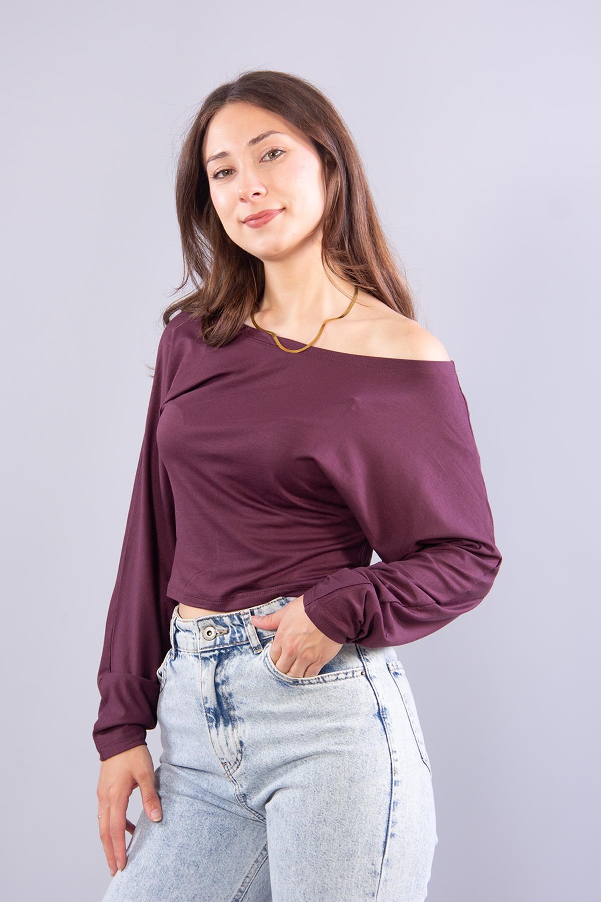 Bluzmckanzie6895 (N-2653) Kayık Yaka Yarasa Kol Bluzkadınerkek
