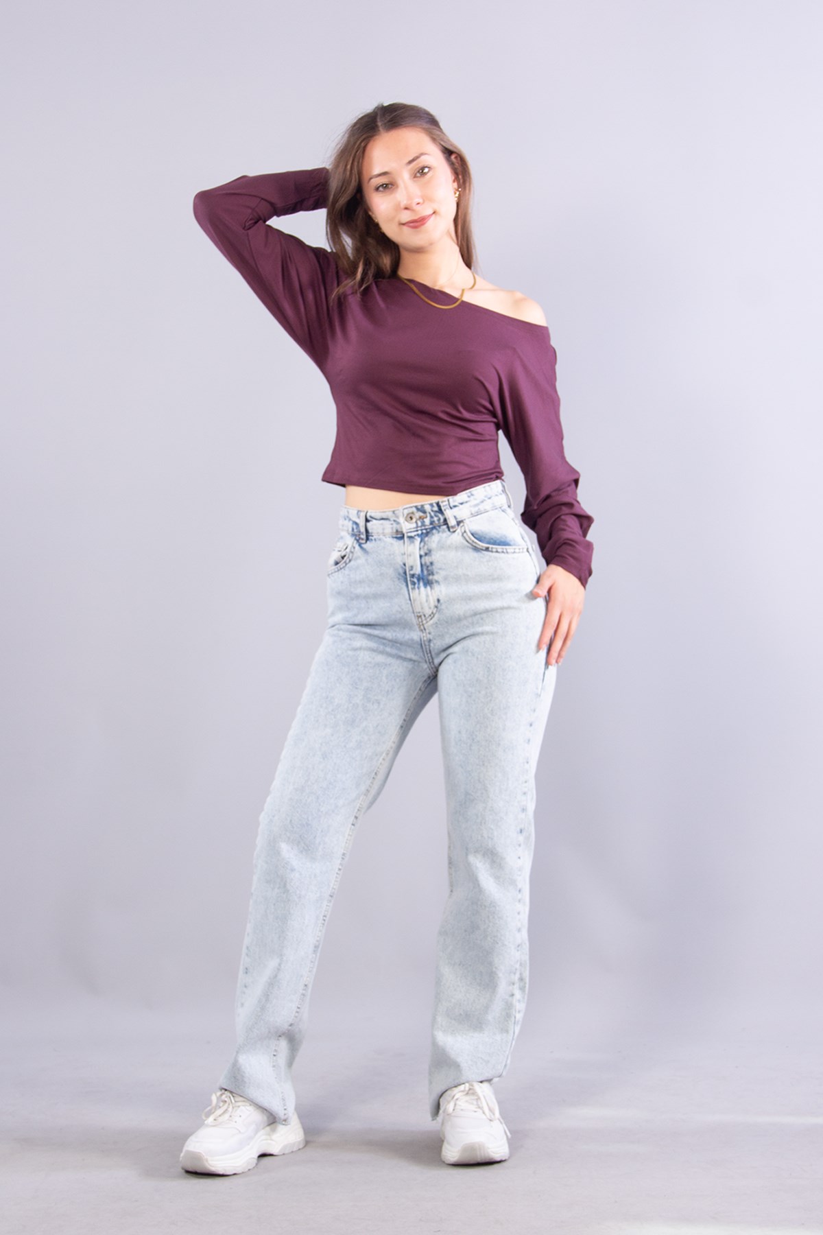 Bluzmckanzie6895 (N-2653) Kayık Yaka Yarasa Kol Bluzkadınerkek