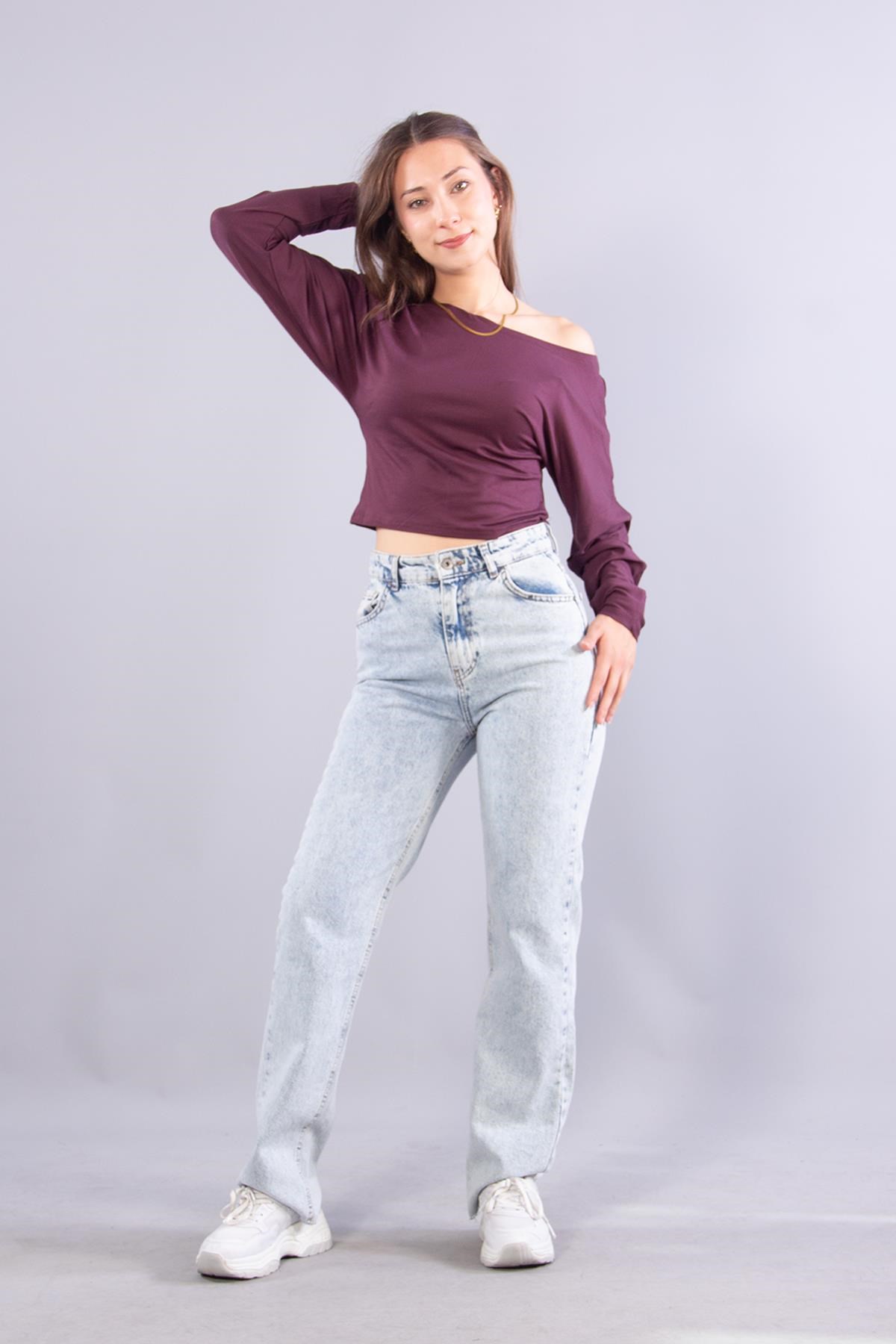 Bluzmckanzie6895 (N-2653) Kayık Yaka Yarasa Kol Bluzkadınerkek