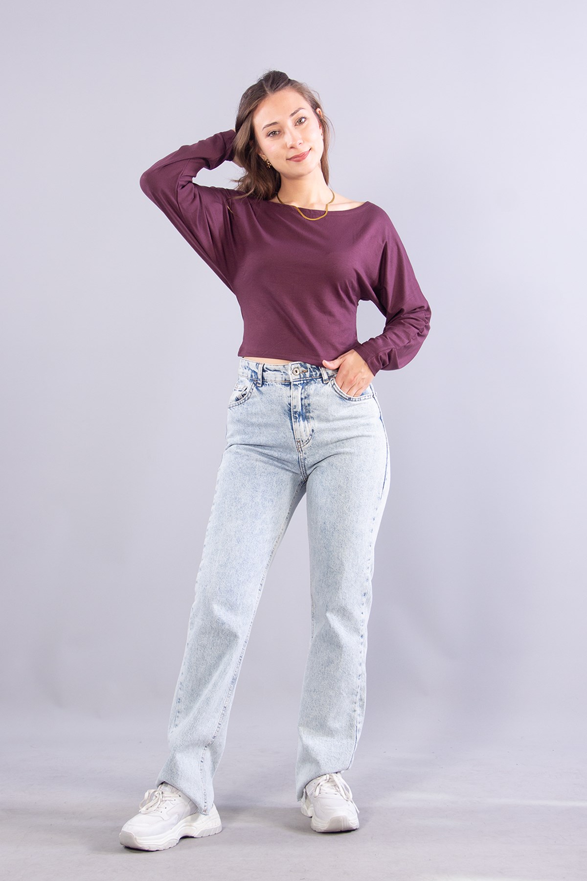 Bluzmckanzie6895 (N-2653) Kayık Yaka Yarasa Kol Bluzkadınerkek