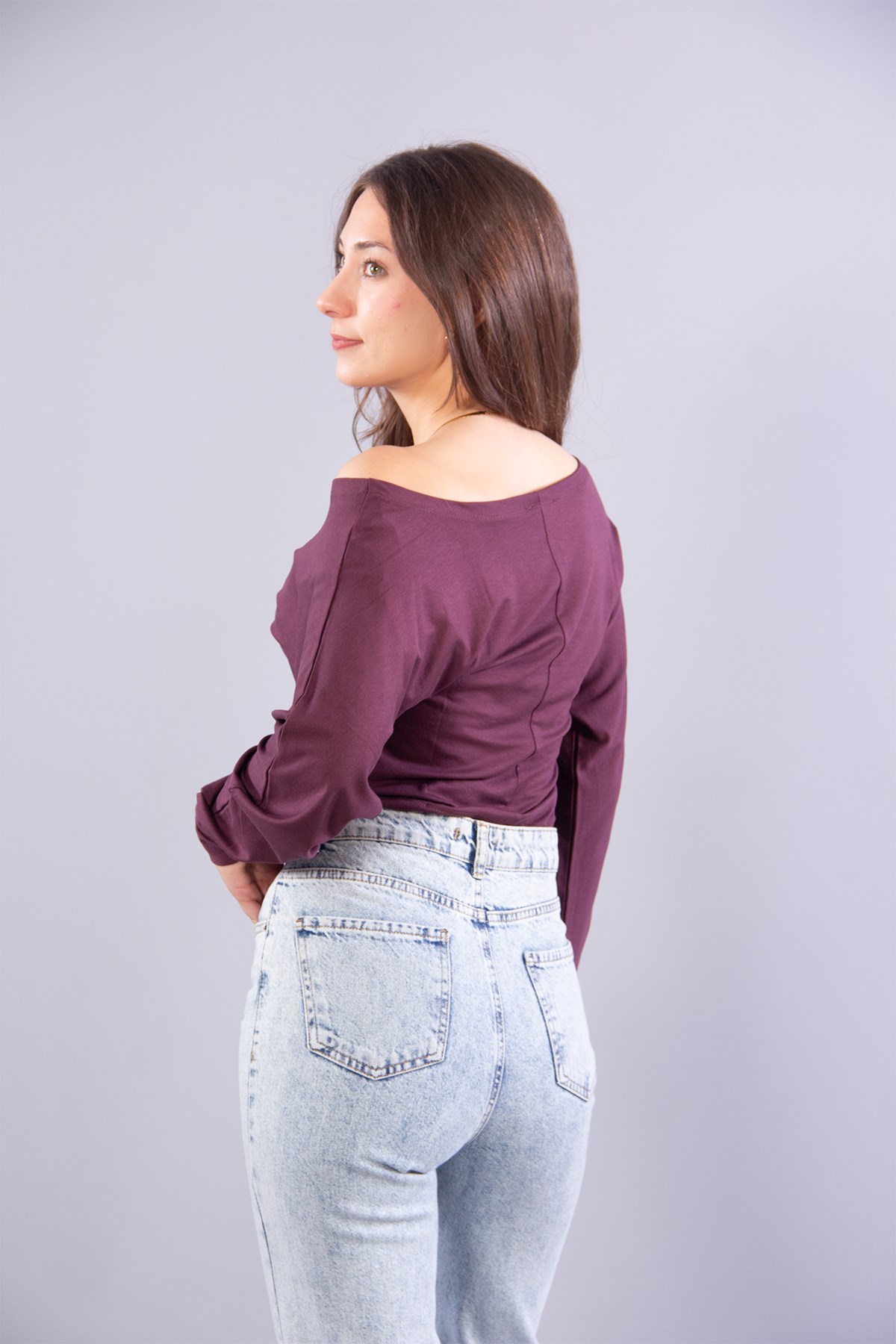 Bluzmckanzie6895 (N-2653) Kayık Yaka Yarasa Kol Bluzkadınerkek