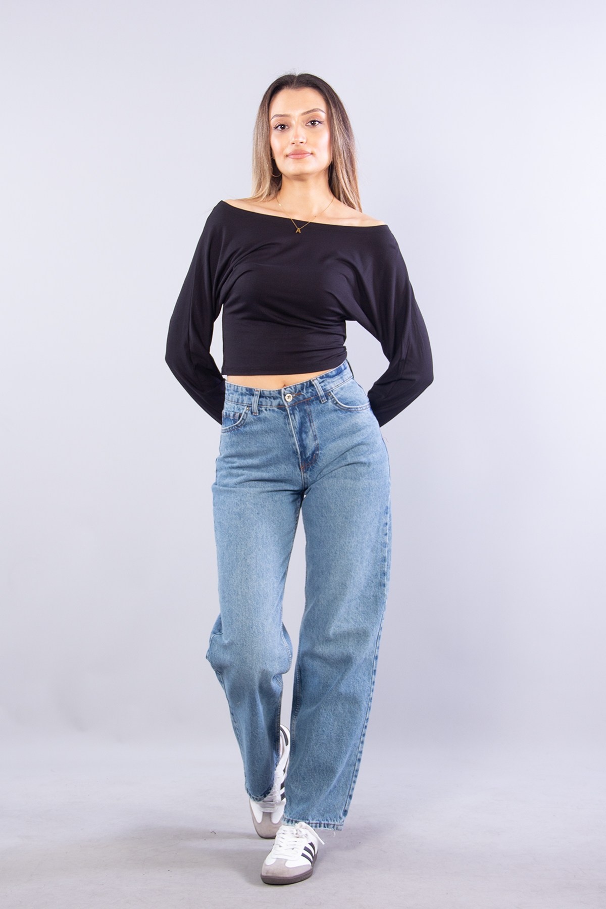 Bluzmckanzie6895 (N-2653) Kayık Yaka Yarasa Kol Bluzkadınerkek