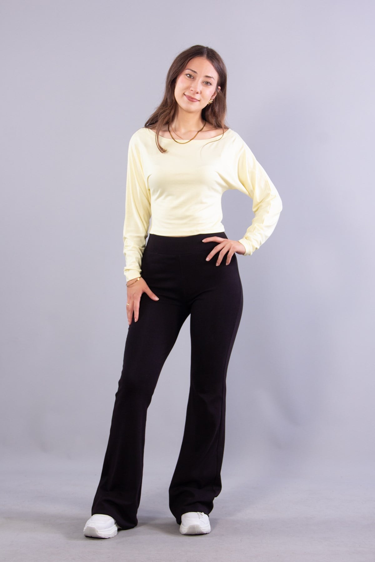 Bluzmckanzie6895 (N-2653) Kayık Yaka Yarasa Kol Bluzkadınerkek