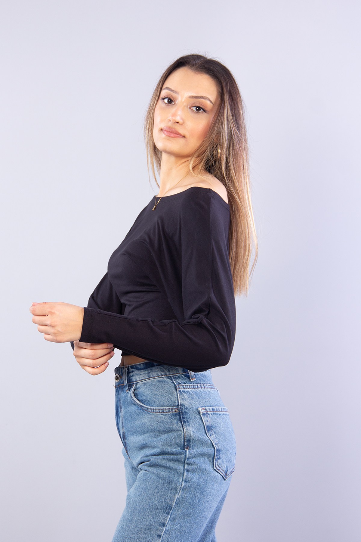 Bluzmckanzie6895 (N-2653) Kayık Yaka Yarasa Kol Bluzkadınerkek