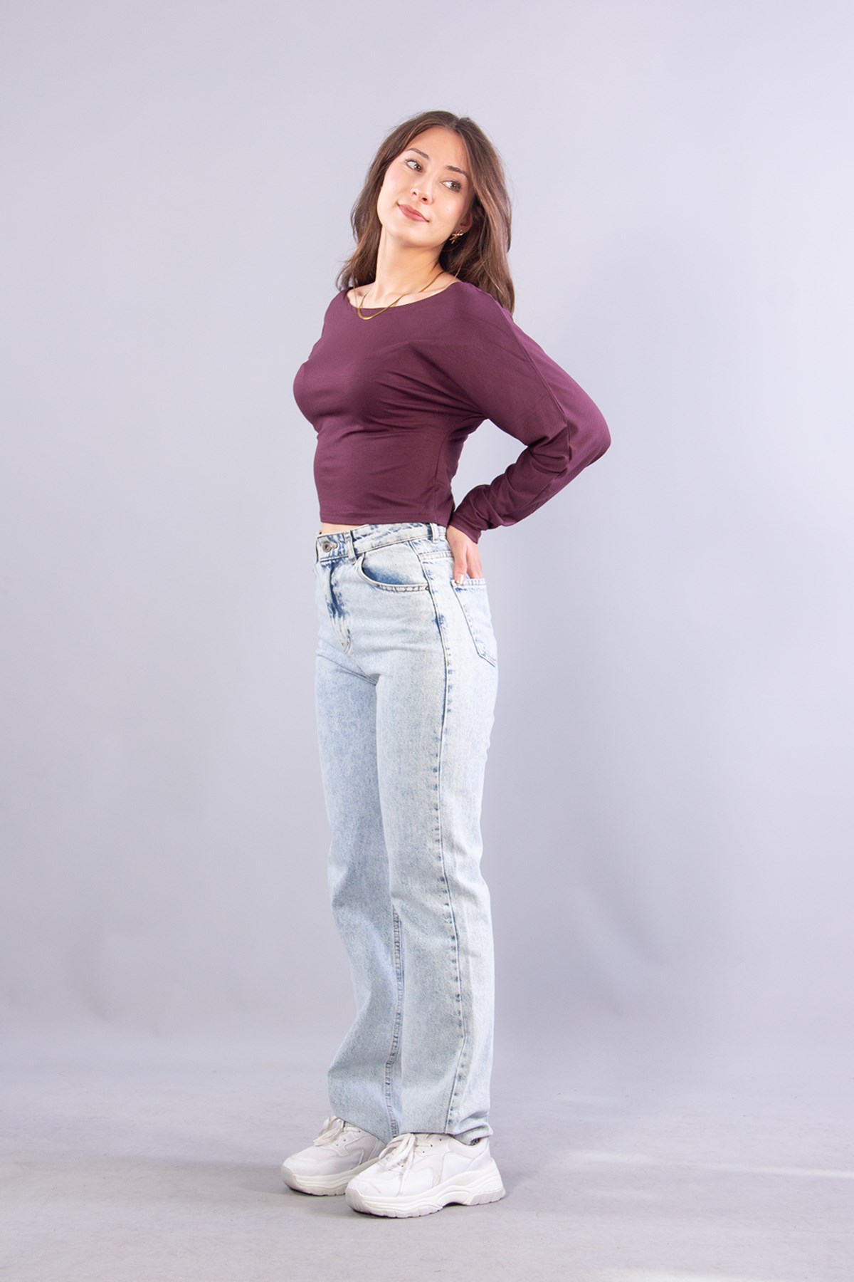 Bluzmckanzie6895 (N-2653) Kayık Yaka Yarasa Kol Bluzkadınerkek