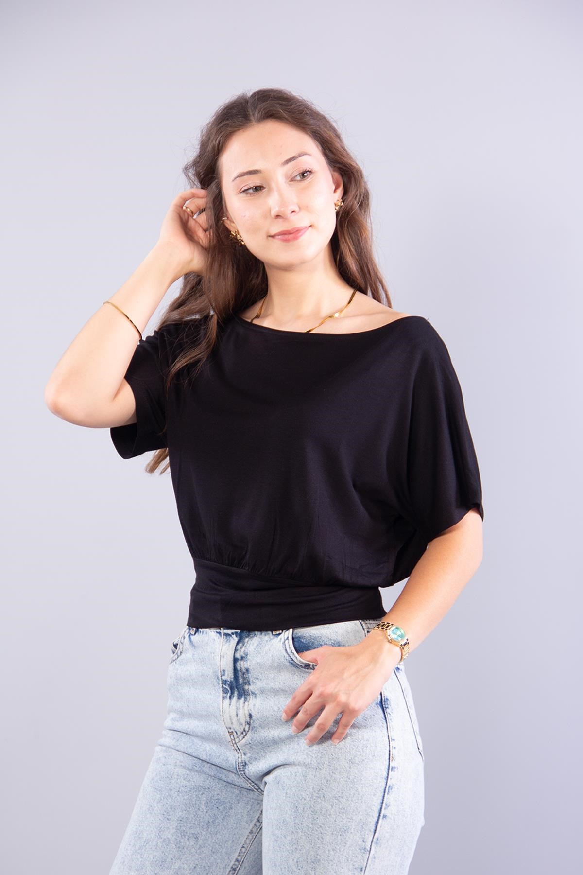 Bluzmckanzie6982 (N-2802) Kayık Yaka Kısa Kol Turlu Bluzkadınerkek