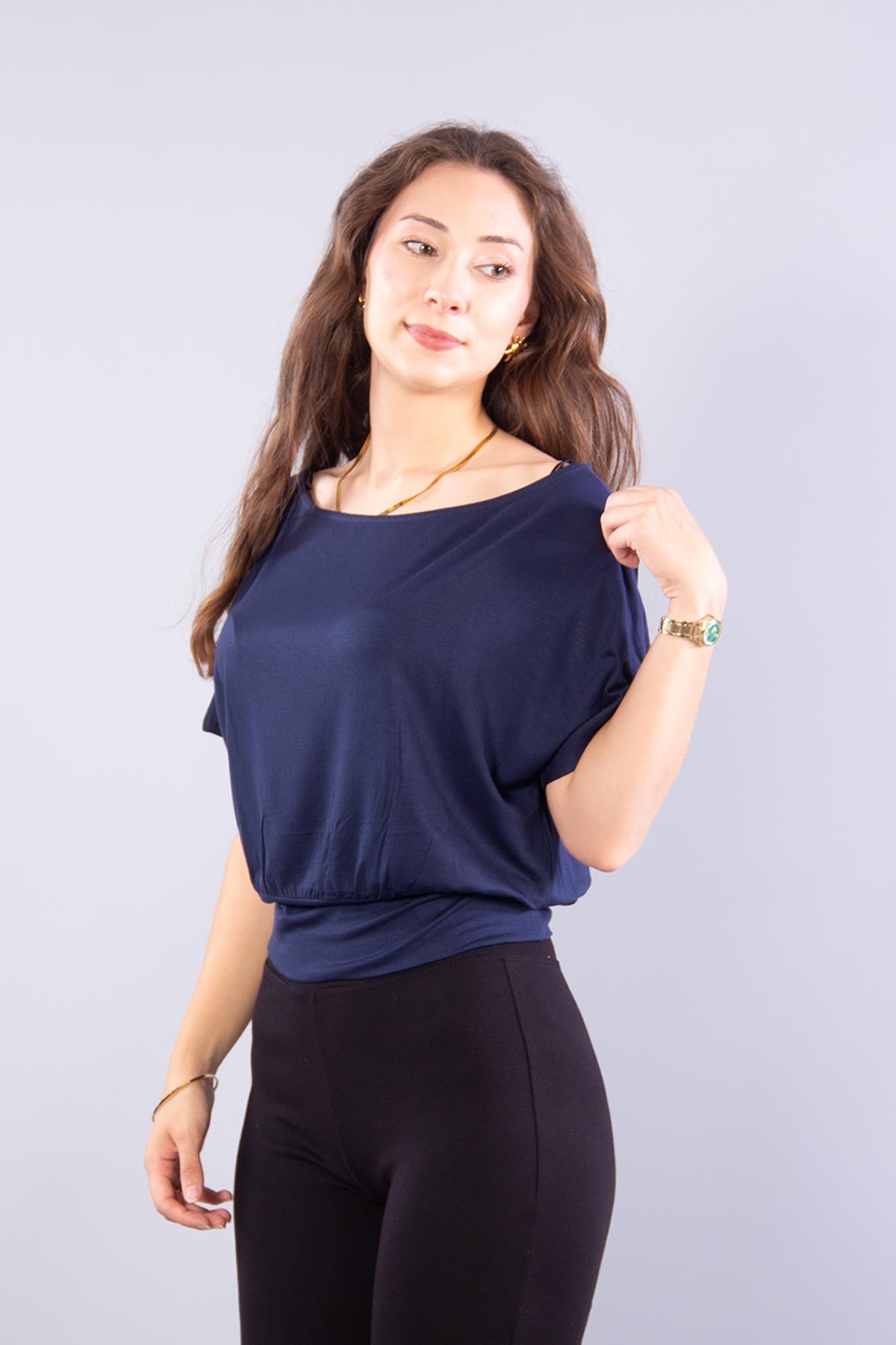Bluzmckanzie6982 (N-2802) Kayık Yaka Kısa Kol Turlu Bluzkadınerkek