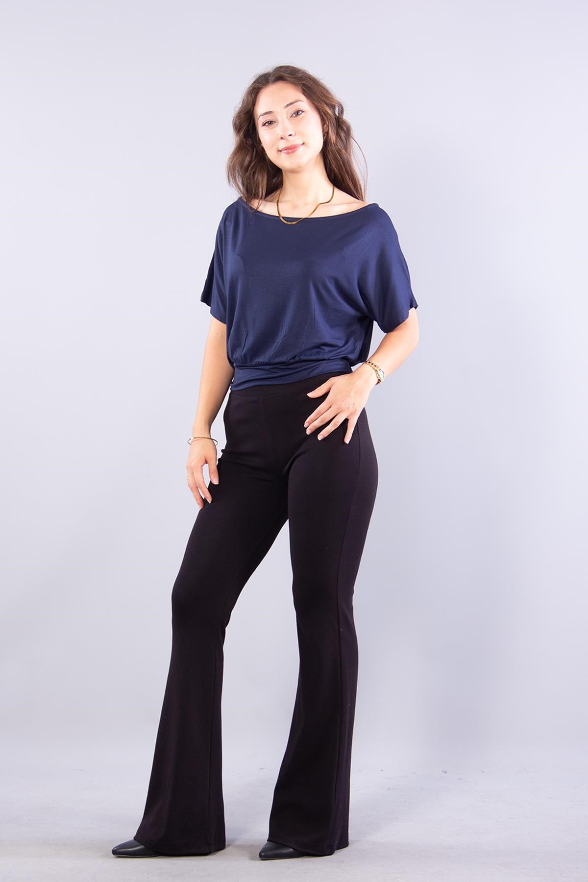 Bluzmckanzie6982 (N-2802) Kayık Yaka Kısa Kol Turlu Bluzkadınerkek