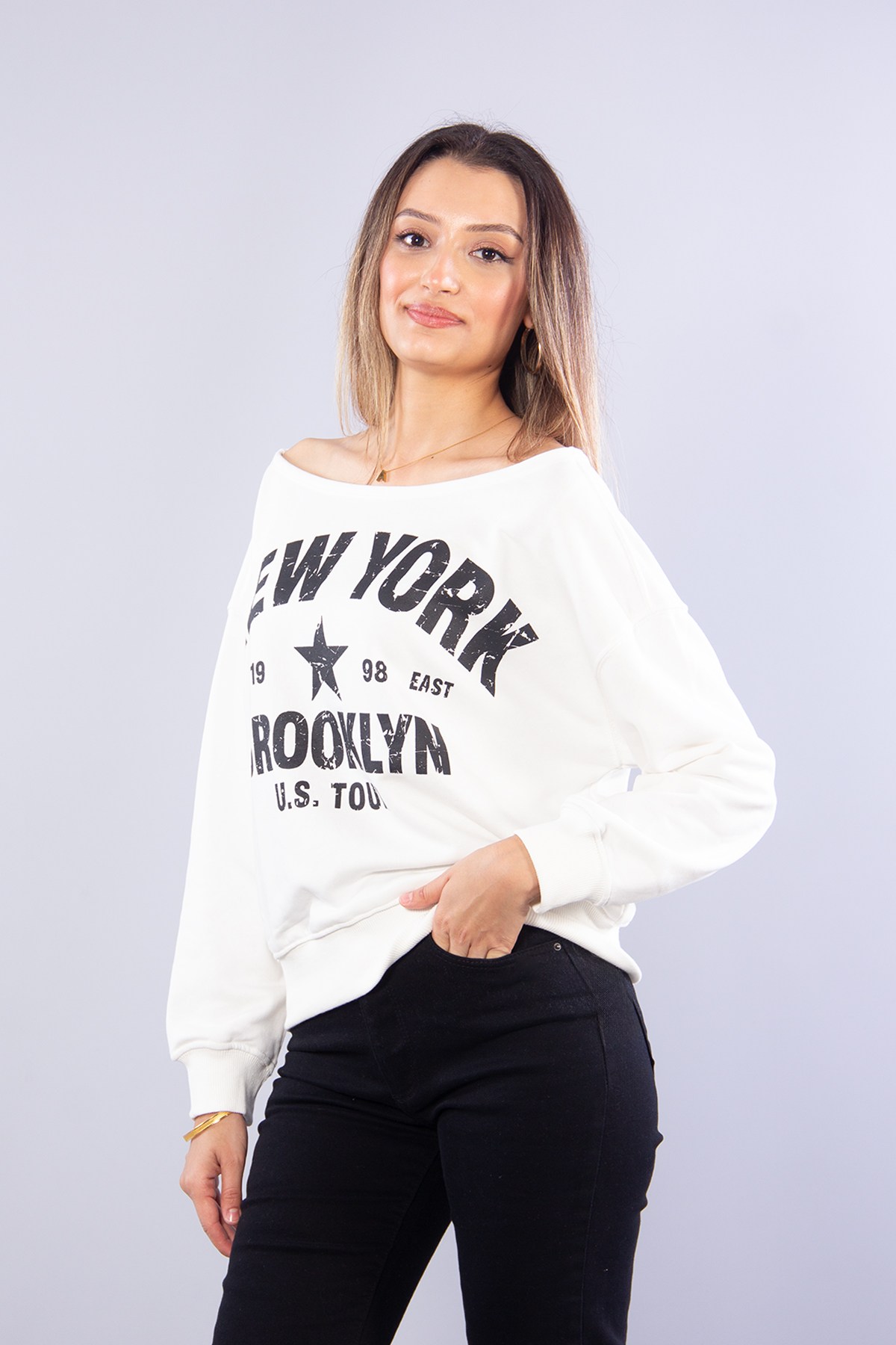 Sweatmckanzie7056 Newyork Nakışlı Geniş Yaka Sweatkadınerkek