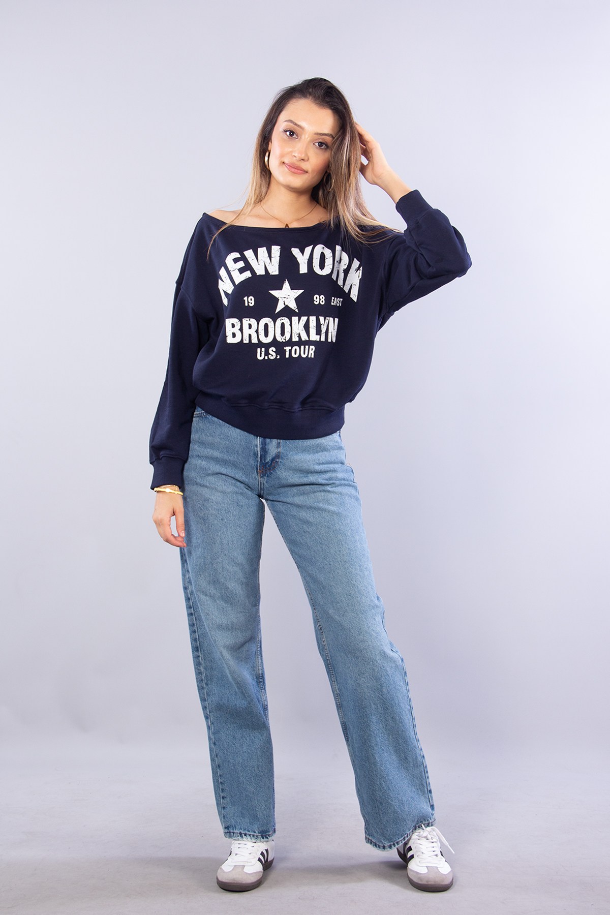 Sweatmckanzie7056 Newyork Nakışlı Geniş Yaka Sweatkadınerkek