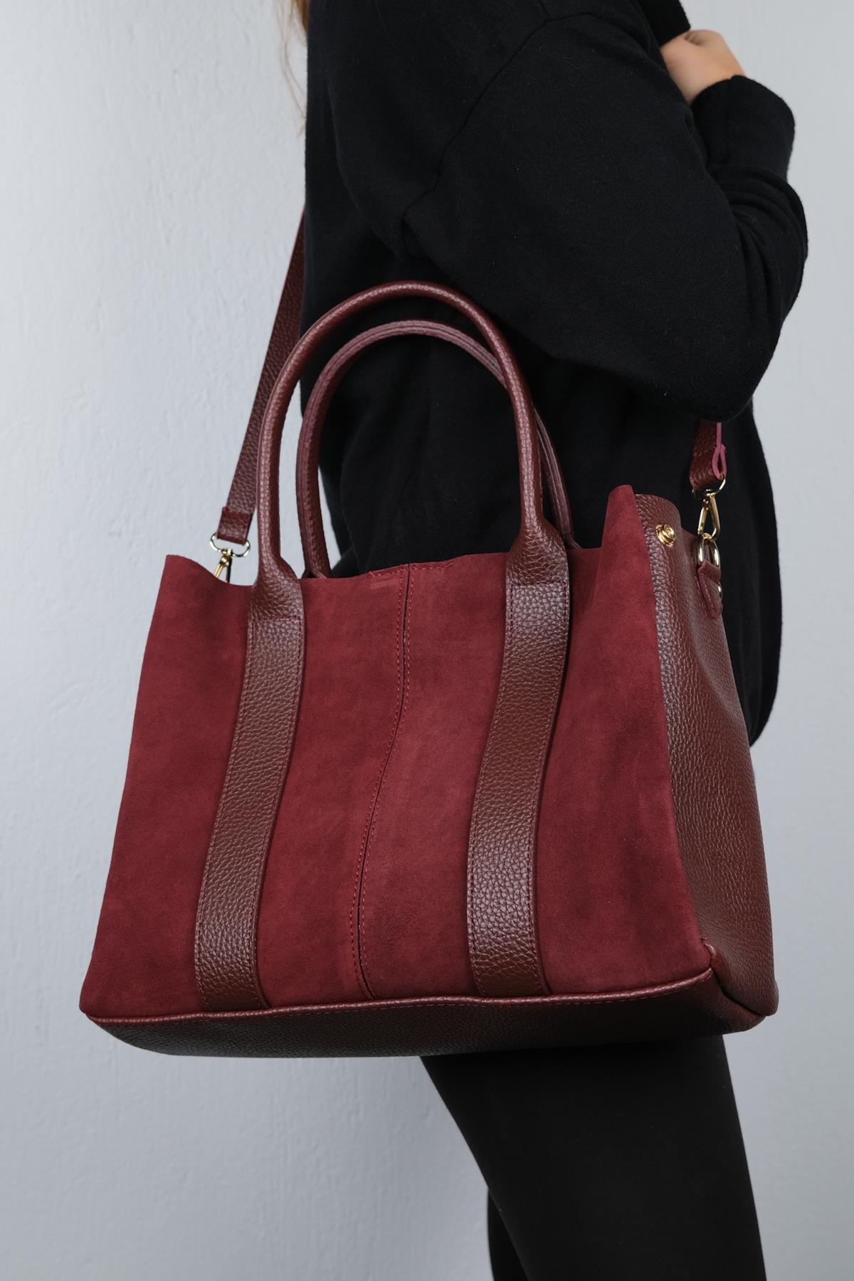 56-175-6-BORDO SUET175 Bordo Hakiki Süet Deri Kadın Kol Çantası