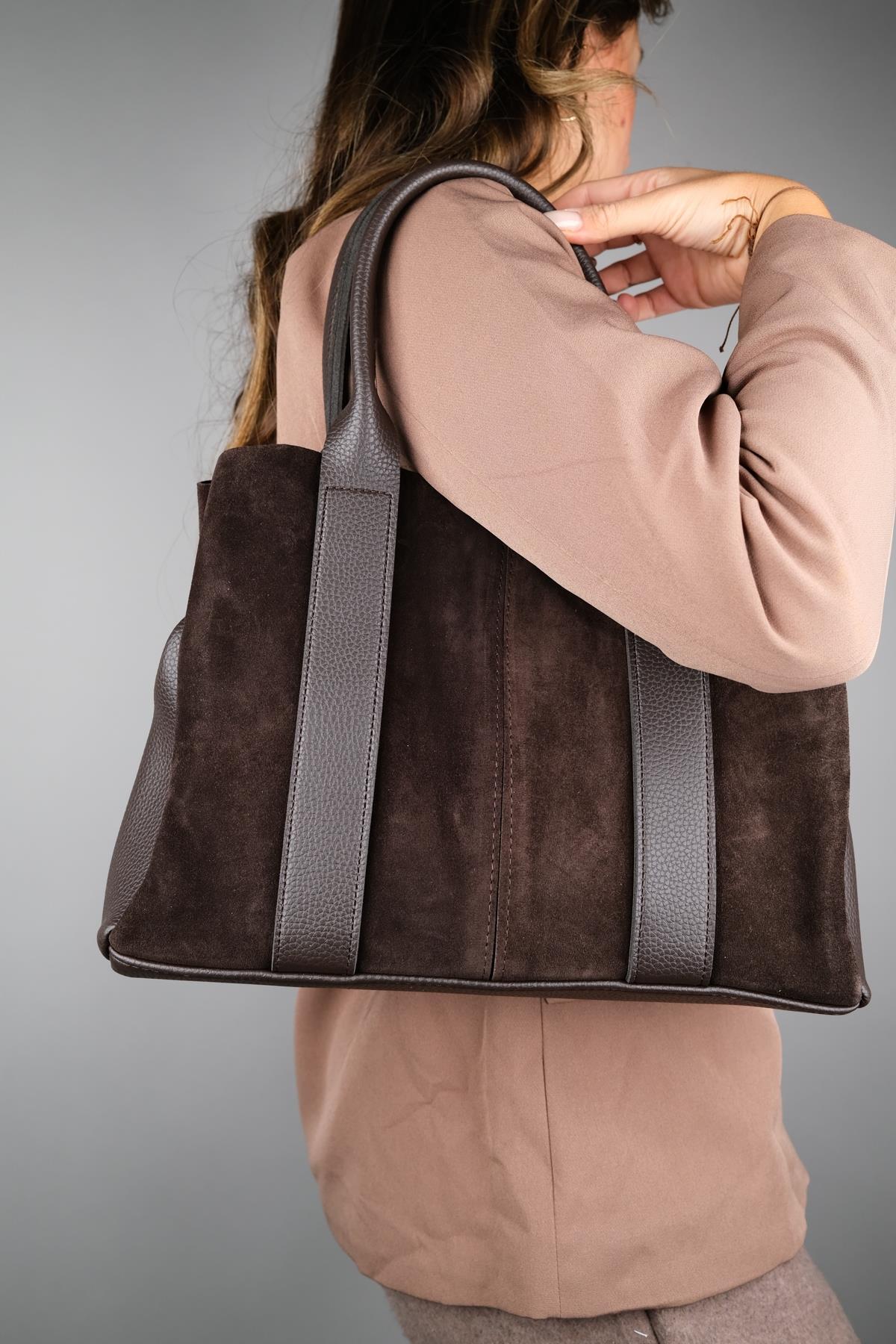 56-175-4-KAHVE SUET175 Kahve Hakiki Süet Deri Kadın Kol Çantası