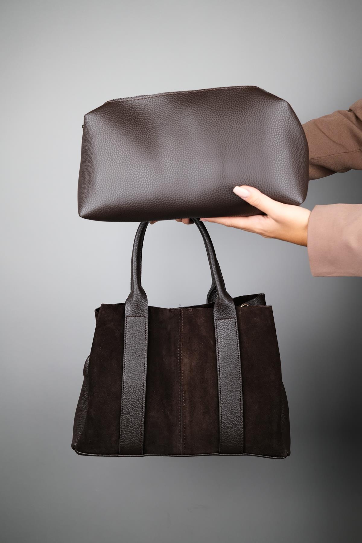 56-175-4-KAHVE SUET175 Kahve Hakiki Süet Deri Kadın Kol Çantası