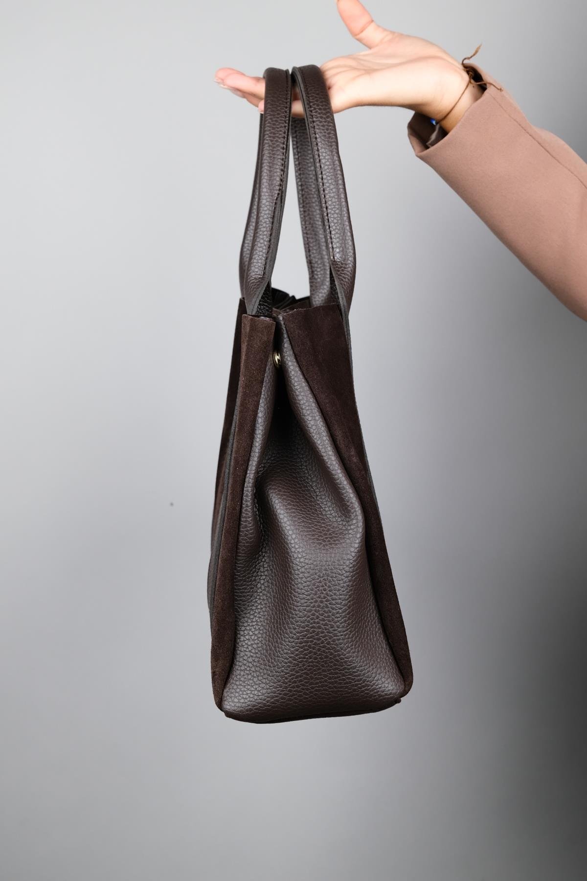 56-175-4-KAHVE SUET175 Kahve Hakiki Süet Deri Kadın Kol Çantası