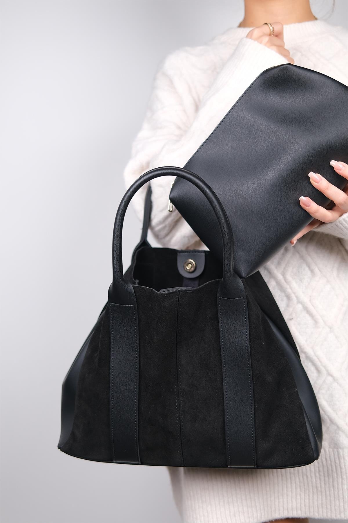 56-175-1-SIYAH SUET175 Siyah Süet Kadın Kol Çantası