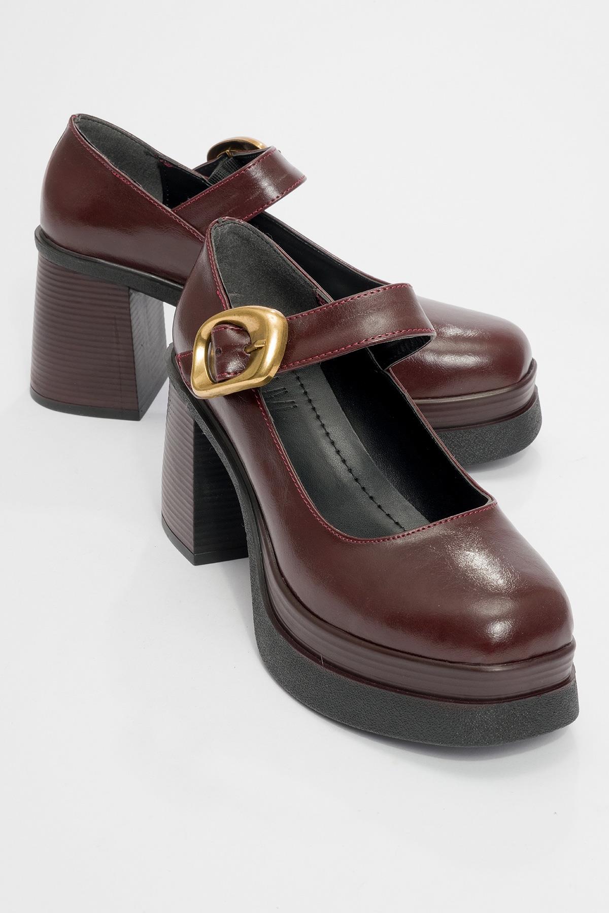 16-1006-2-BORDO CILTASHES Bordo Cilt Gold Tokalı Kadın Platform Topuklu Ayakkabı