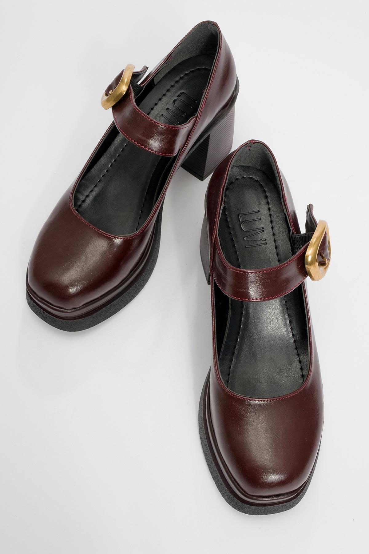 16-1006-2-BORDO CILTASHES Bordo Cilt Gold Tokalı Kadın Platform Topuklu Ayakkabı