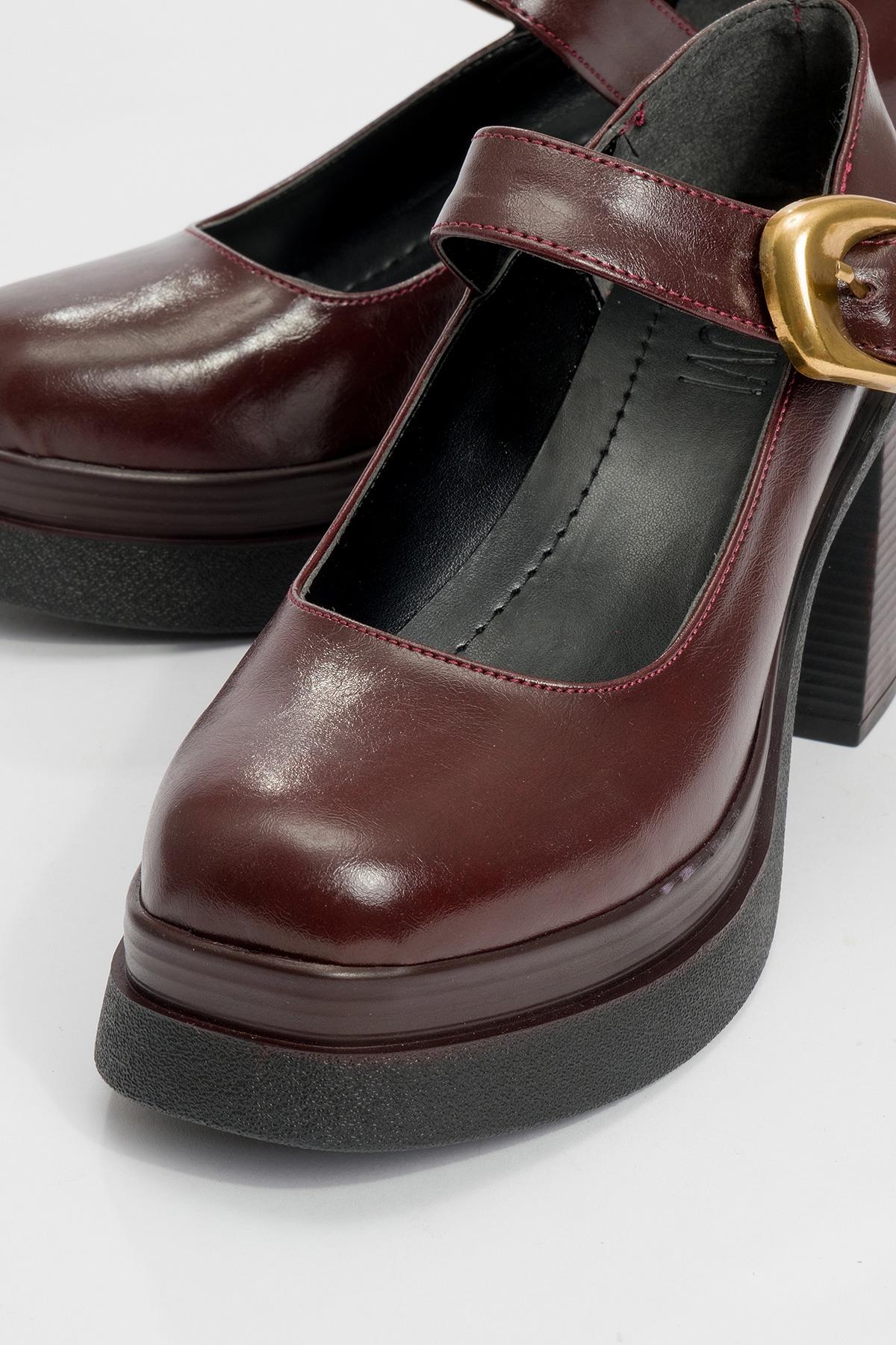 16-1006-2-BORDO CILTASHES Bordo Cilt Gold Tokalı Kadın Platform Topuklu Ayakkabı