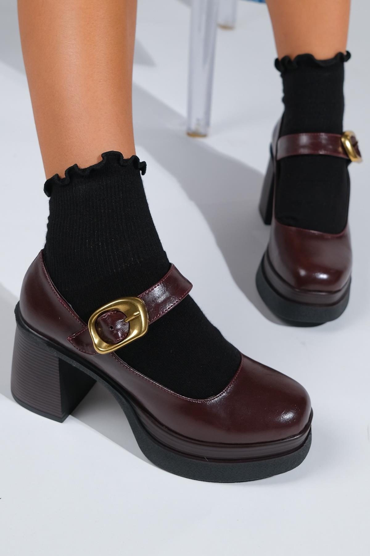 16-1006-2-BORDO CILTASHES Bordo Cilt Gold Tokalı Kadın Platform Topuklu Ayakkabı