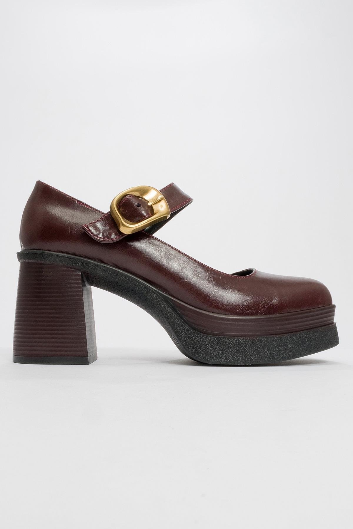16-1006-2-BORDO CILTASHES Bordo Cilt Gold Tokalı Kadın Platform Topuklu Ayakkabı