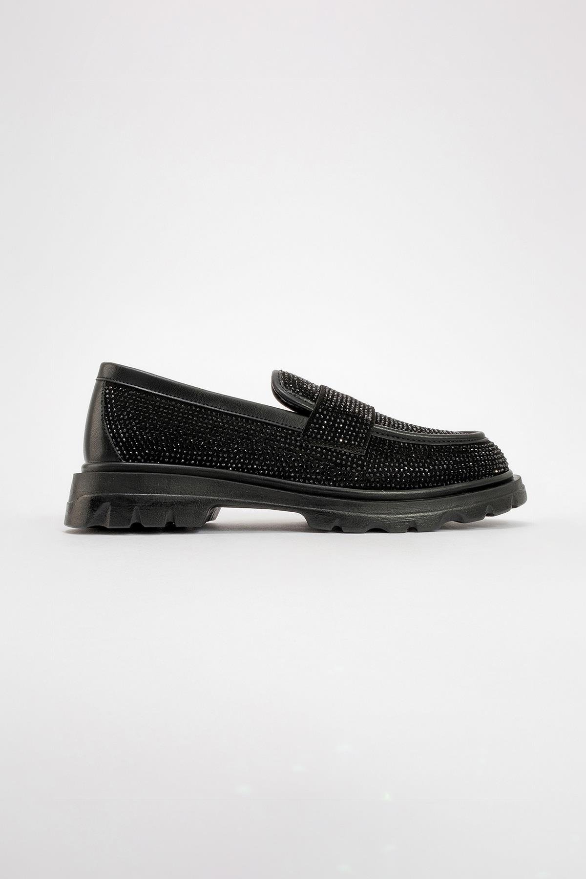 1-566KA516-1-SIYAH SUET/SIYAH TASBABEL Siyah Süet Siyah Taş Kadın Loafer Ayakkabı