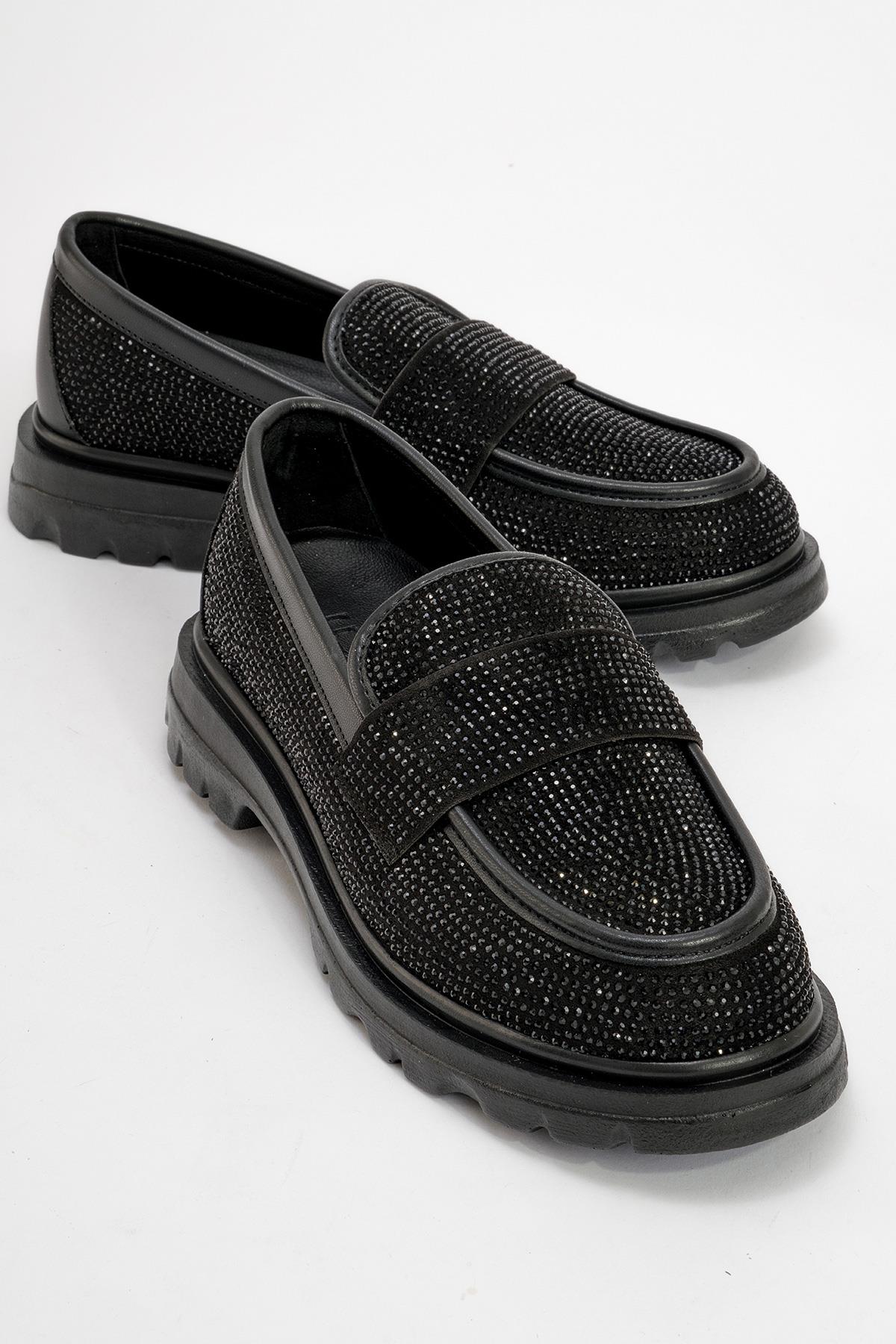 1-566KA516-1-SIYAH SUET/SIYAH TASBABEL Siyah Süet Siyah Taş Kadın Loafer Ayakkabı