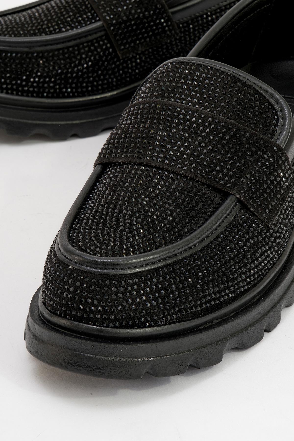 1-566KA516-1-SIYAH SUET/SIYAH TASBABEL Siyah Süet Siyah Taş Kadın Loafer Ayakkabı