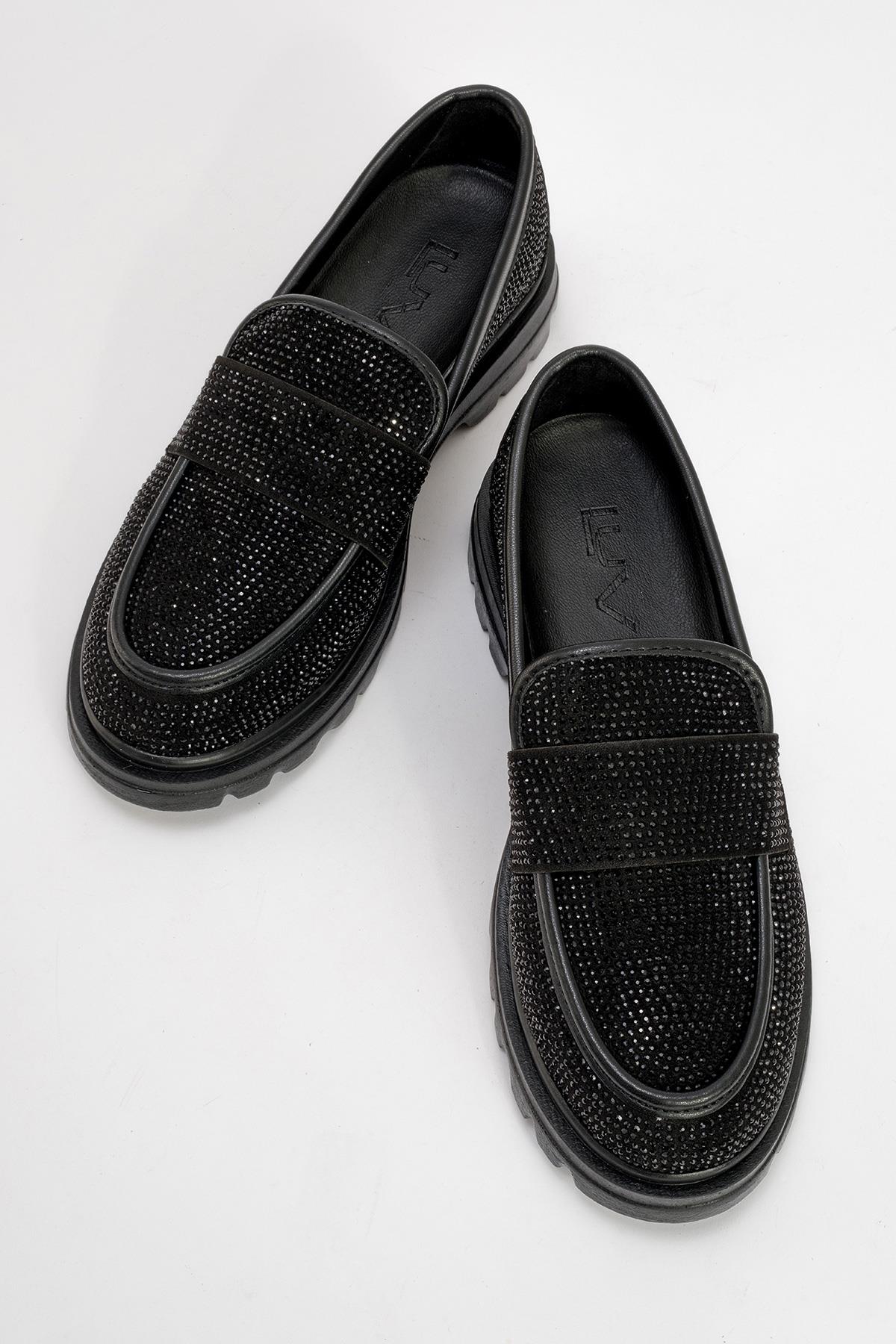 1-566KA516-1-SIYAH SUET/SIYAH TASBABEL Siyah Süet Siyah Taş Kadın Loafer Ayakkabı