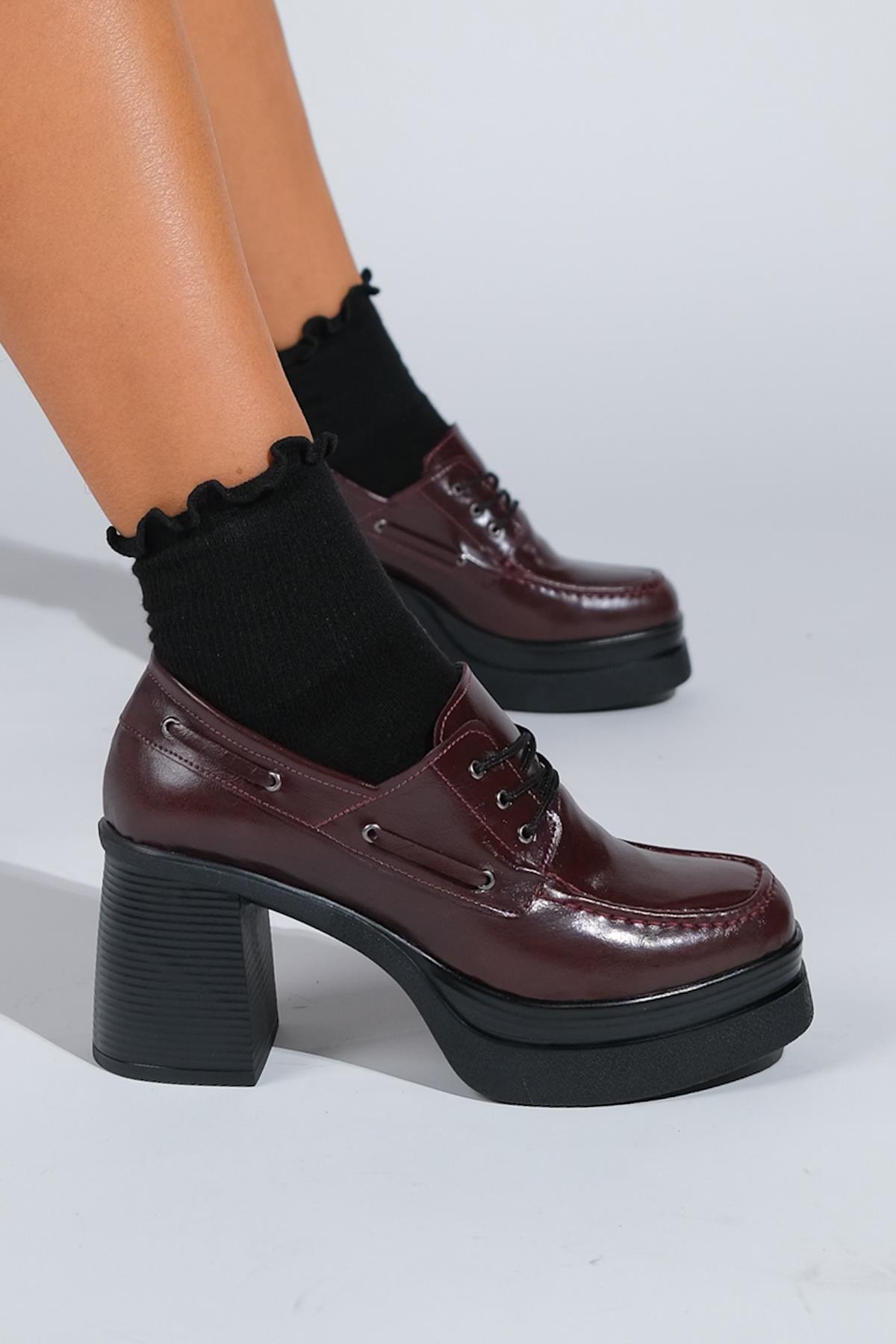 16-1010-3-BORDO CILTDUDLEY Bordo Cilt Bağcıklı Kadın Platform Topuklu Ayakkabı
