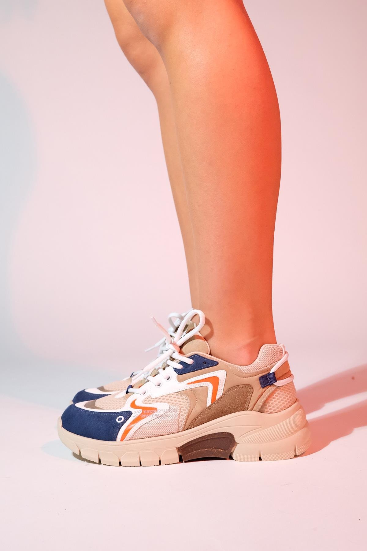 98-51166-6-BEJ/LACI MULTIDUJA Bej Laci Multi Fileli Kadın Kalın Taban Spor Sneakers
