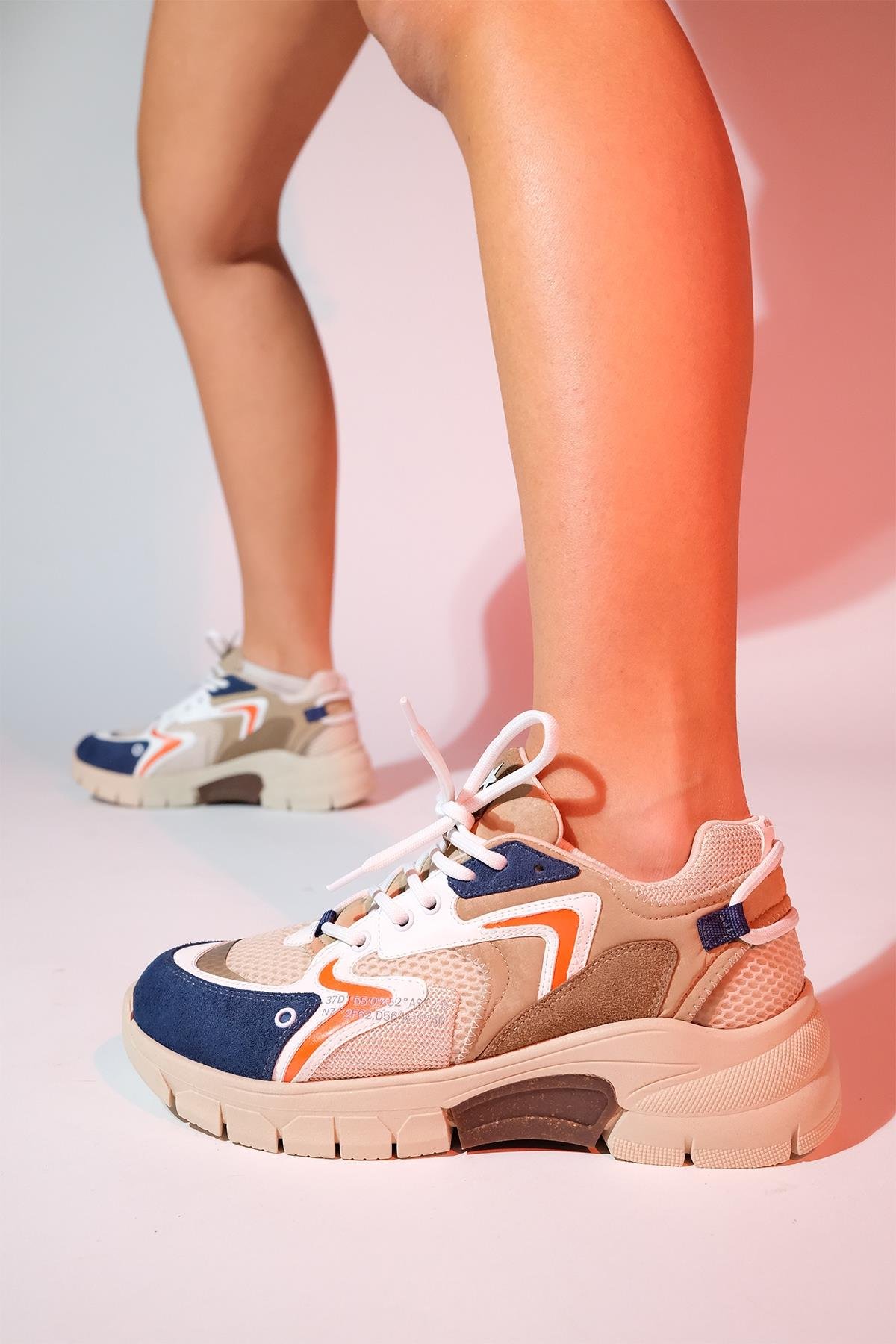 98-51166-6-BEJ/LACI MULTIDUJA Bej Laci Multi Fileli Kadın Kalın Taban Spor Sneakers