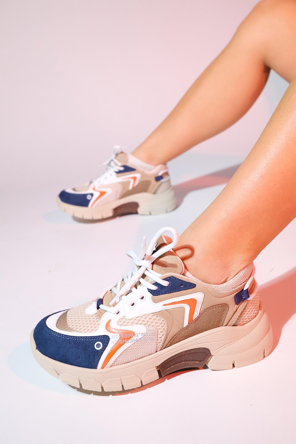 98-51166-6-BEJ/LACI MULTIDUJA Bej Laci Multi Fileli Kadın Kalın Taban Spor Sneakers