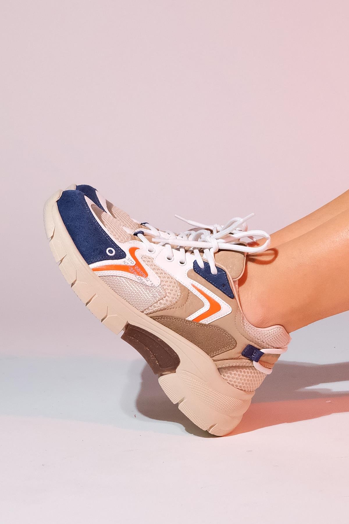98-51166-6-BEJ/LACI MULTIDUJA Bej Laci Multi Fileli Kadın Kalın Taban Spor Sneakers