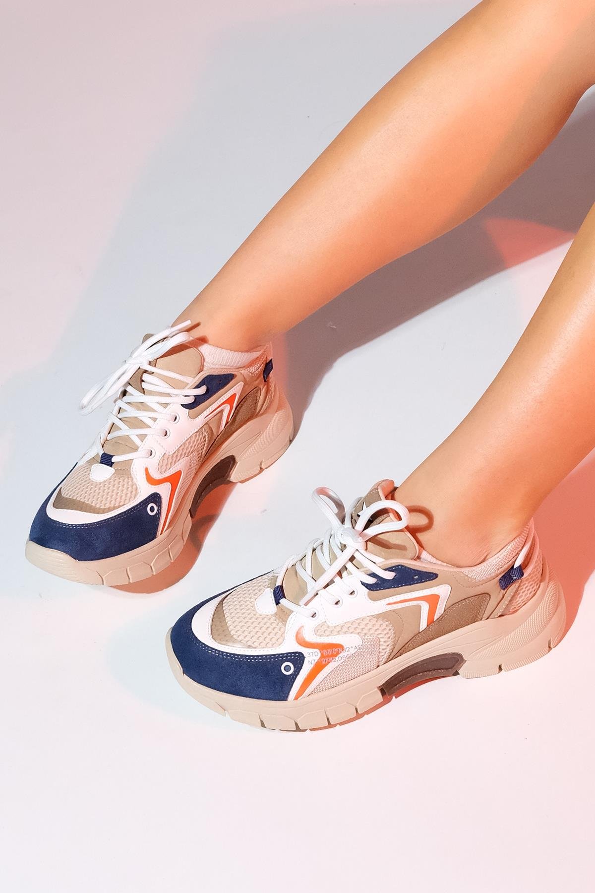 98-51166-6-BEJ/LACI MULTIDUJA Bej Laci Multi Fileli Kadın Kalın Taban Spor Sneakers
