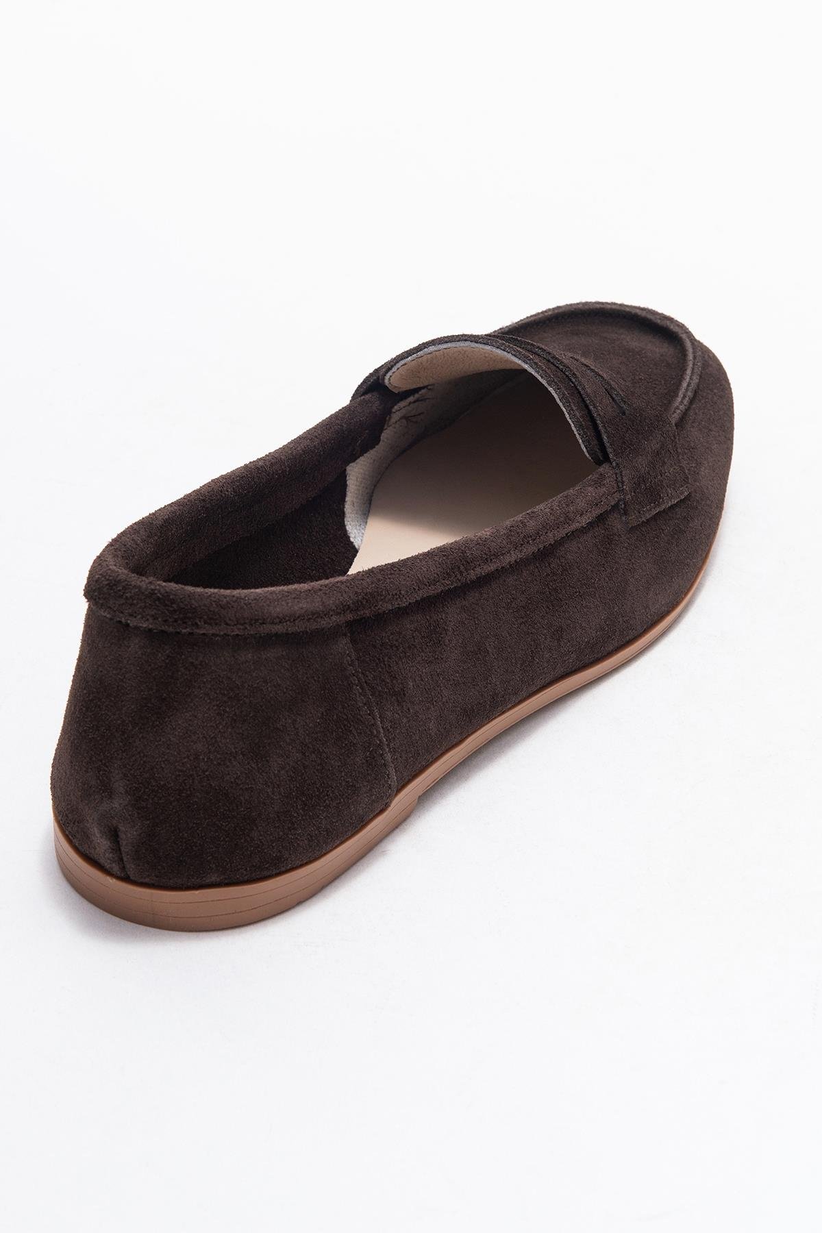 63-F02-26-KAHVEF02 Kahve Süet Hakiki Deri Kadın Loafer Ayakkabı
