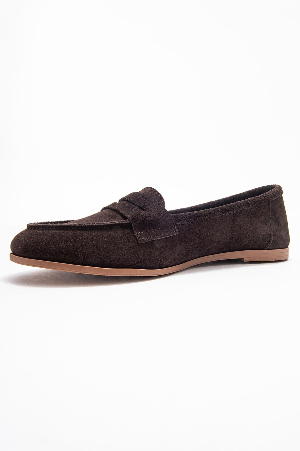 63-F02-26-KAHVEF02 Kahve Süet Hakiki Deri Kadın Loafer Ayakkabı
