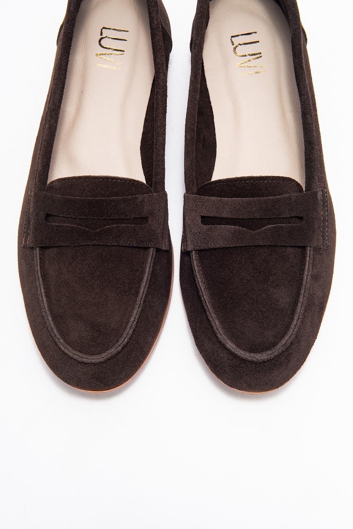 63-F02-26-KAHVEF02 Kahve Süet Hakiki Deri Kadın Loafer Ayakkabı