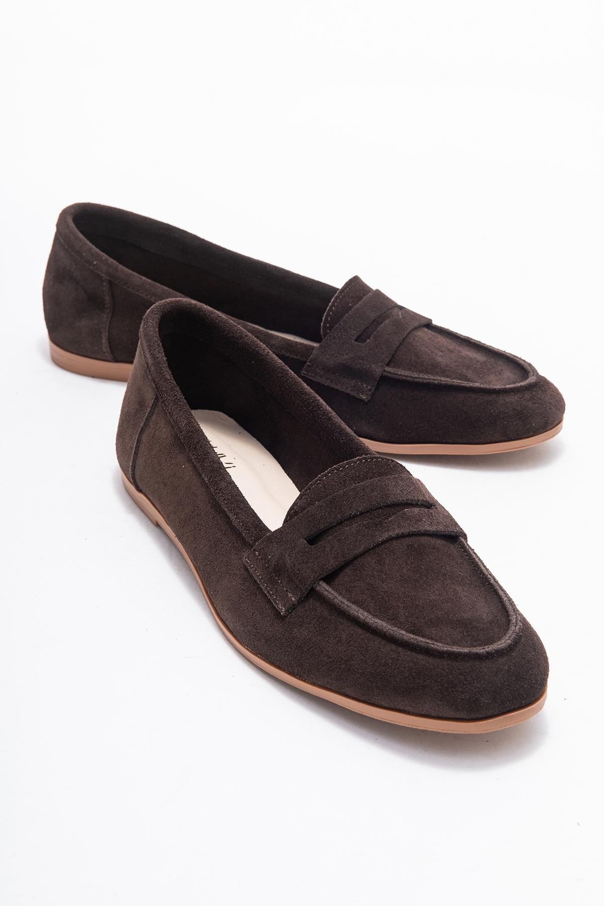 63-F02-26-KAHVEF02 Kahve Süet Hakiki Deri Kadın Loafer Ayakkabı