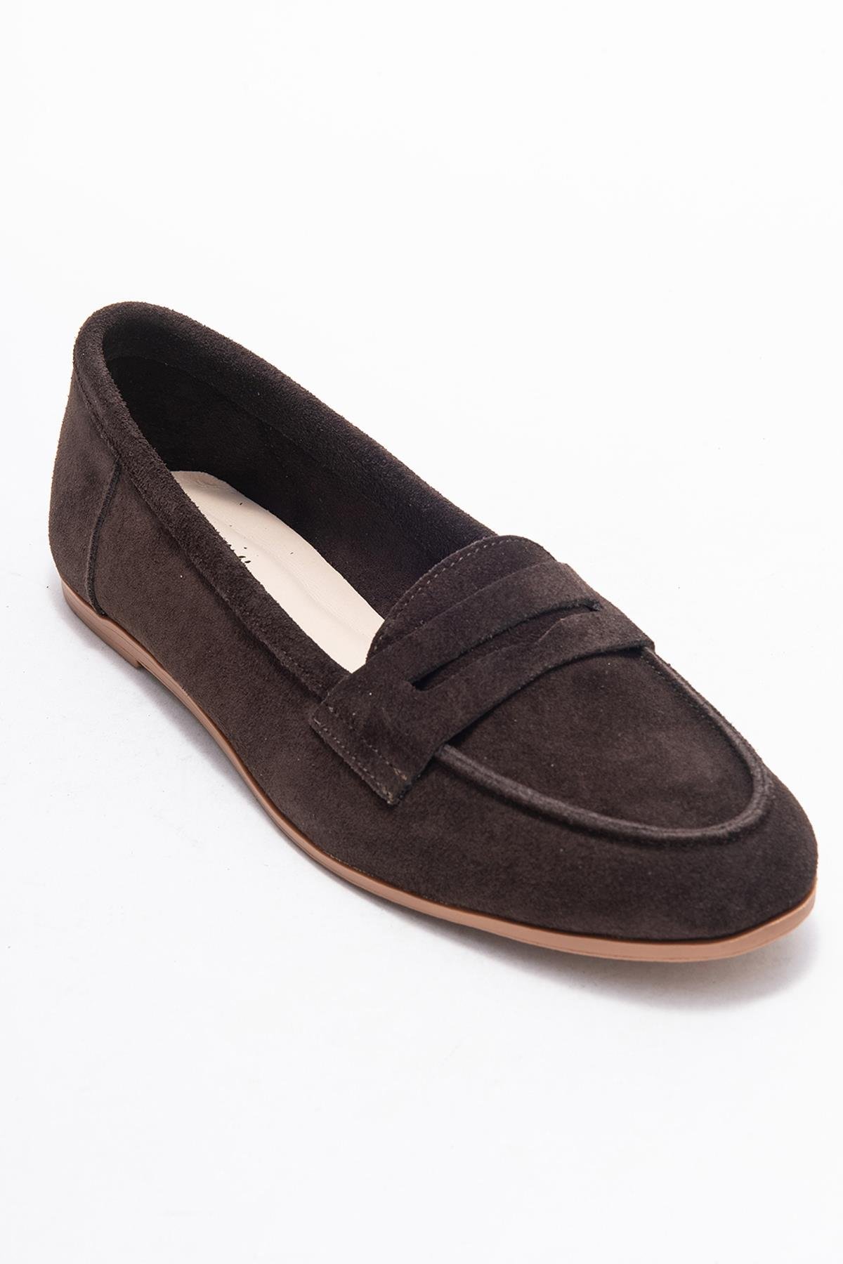 63-F02-26-KAHVEF02 Kahve Süet Hakiki Deri Kadın Loafer Ayakkabı