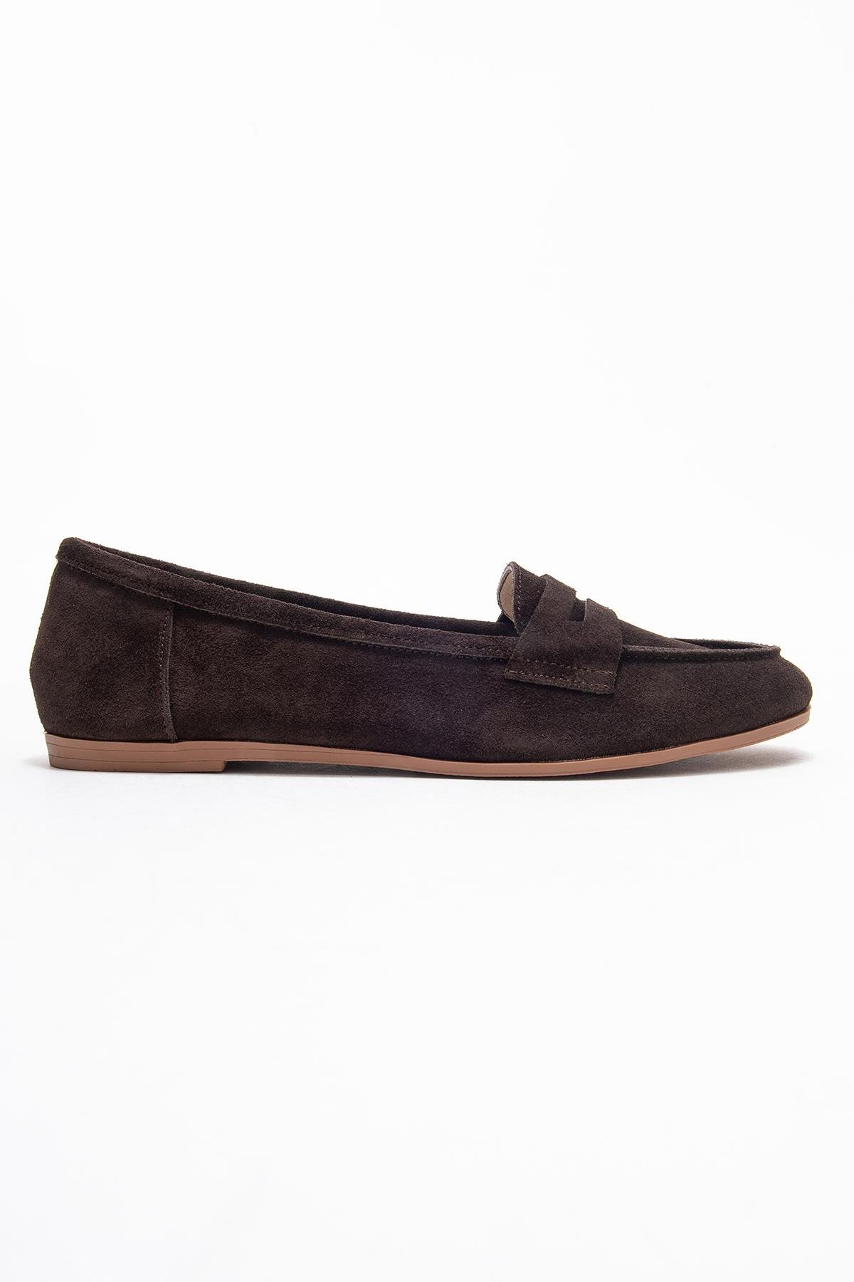 63-F02-26-KAHVEF02 Kahve Süet Hakiki Deri Kadın Loafer Ayakkabı